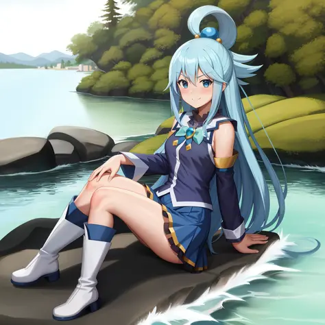 aqua \(konosuba\), full body, beautiful, leaning on a rock, on the shore of a lake, long hair, detailed hair, blue eyes, skirts,...