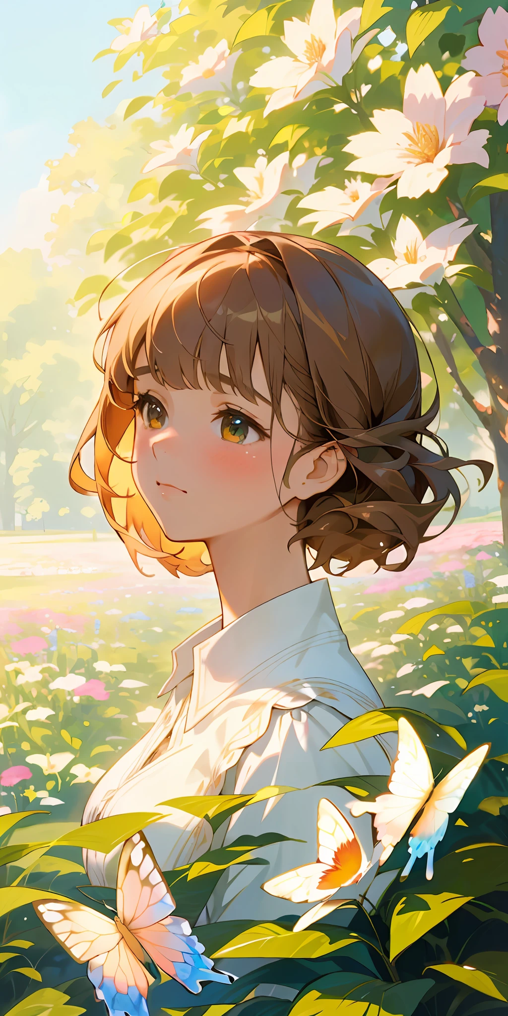 (qualidade máxima, Obra de arte, ultra-realistic), um belo e delicado retrato de uma menina com uma expressão suave e triste, A paisagem ao fundo é um jardim com flores e borboletas voando ao redor. --v6