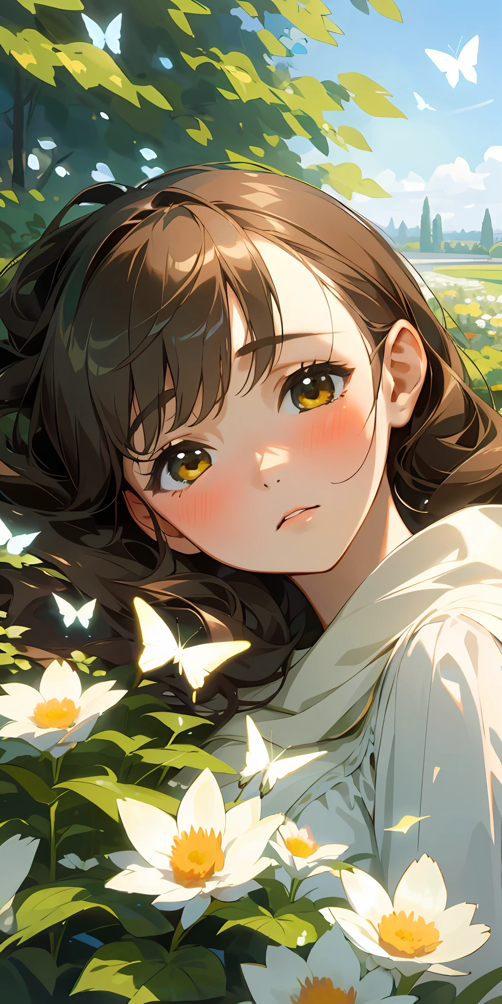 (top quality, masterpiece, ultra-realistic), one beautiful delicate portrait of a girl with a soft and sad expression, the landscape in the background is a garden with flowers and butterflies flying around. --v6