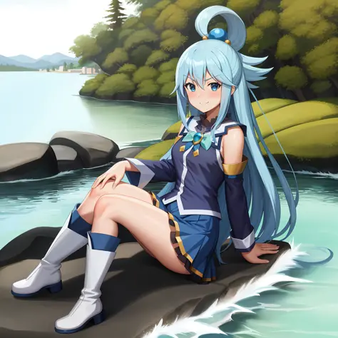 aqua \(konosuba\), full body, beautiful, leaning on a rock, on the shore of a lake, long hair, detailed hair, blue eyes, skirts,...