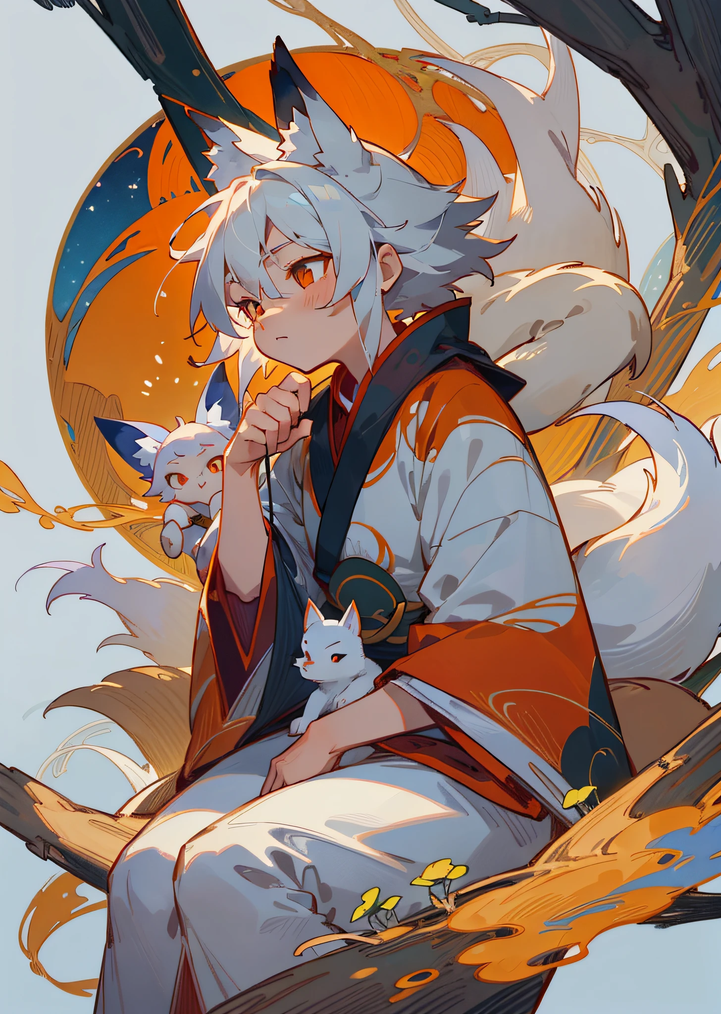 The background is a super large moon, a fox with white hair sitting on a branch under the stars, (Little Boy: 1.5), Red Clothes, Ethereal Fox, Nine-Tailed Fox, Dreamy, Millennium Fox Demon, Onmyoji Detailed Art, Nine Tails, Beautiful Artwork Illustrations, Mythical Creatures, Foxes, Beautiful Digital Works of Art,