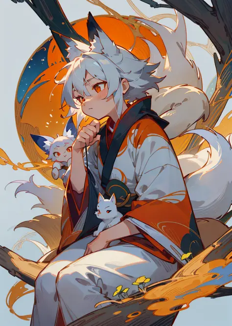 The background is a super large moon, a fox with white hair sitting on a branch under the stars, (Little Boy: 1.5), Red Clothes,...