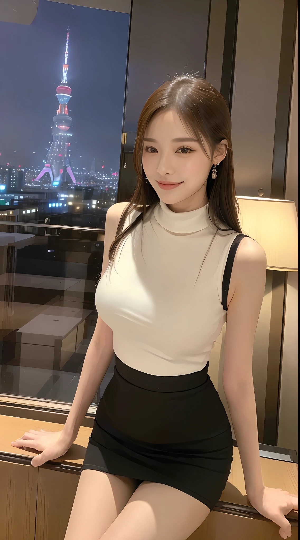 ((Top Quality, 8k, Masterpiece: 1.3)), turtleneck, mini skirt, city, hotel with view of Tokyo Tower, Korean beauty, Taiwanese beauty, big breasts, smile,