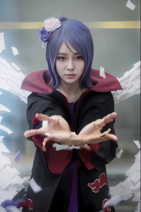 best quality, 8k, 32k, masterpiece, photo realistic, realistic, anime cosplay with purple wings and black wig and outfit, anime ...