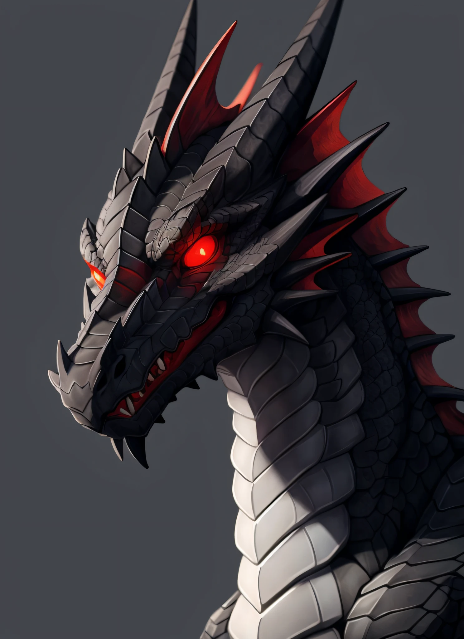 Dragon, black scales, grey underbelly, white pupils, cel shaded - SeaArt AI