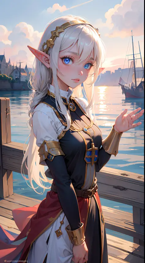POV,face focus,elf girl at the pier, (high fantasy, medieval:1.4), feudal society, lake town, waterfront, wooden boats,upper bod...