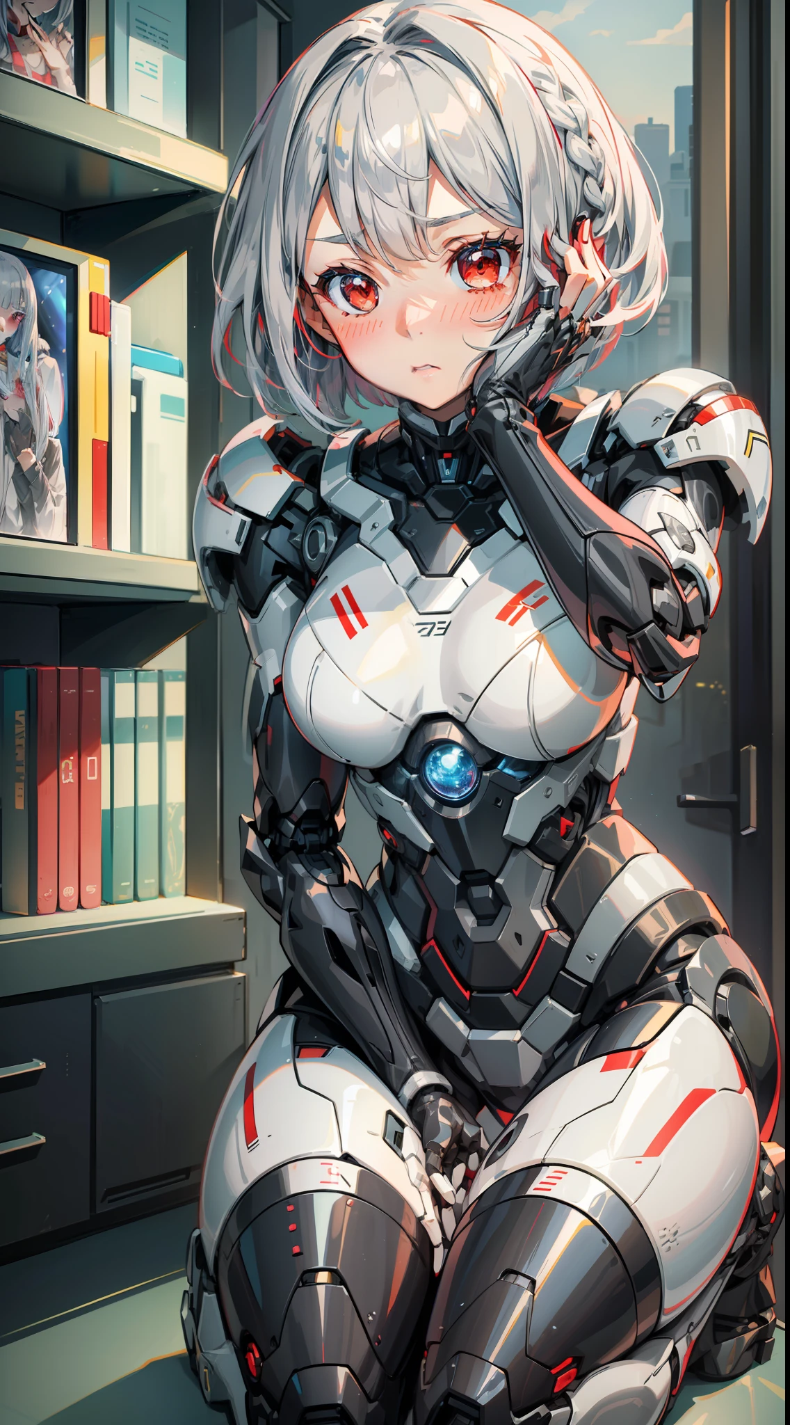 1 girl's full body, silver hair, red eyes, bob cut, braid, (facing forward)), ((putting both hands on their face)), (surprised), (blush), android, gynoid, mecha girl, spherical joint, indoors, kneeling, concept art, beautiful anime scene, beautiful anime scenery, top rating on pixiv, highest quality, 4K