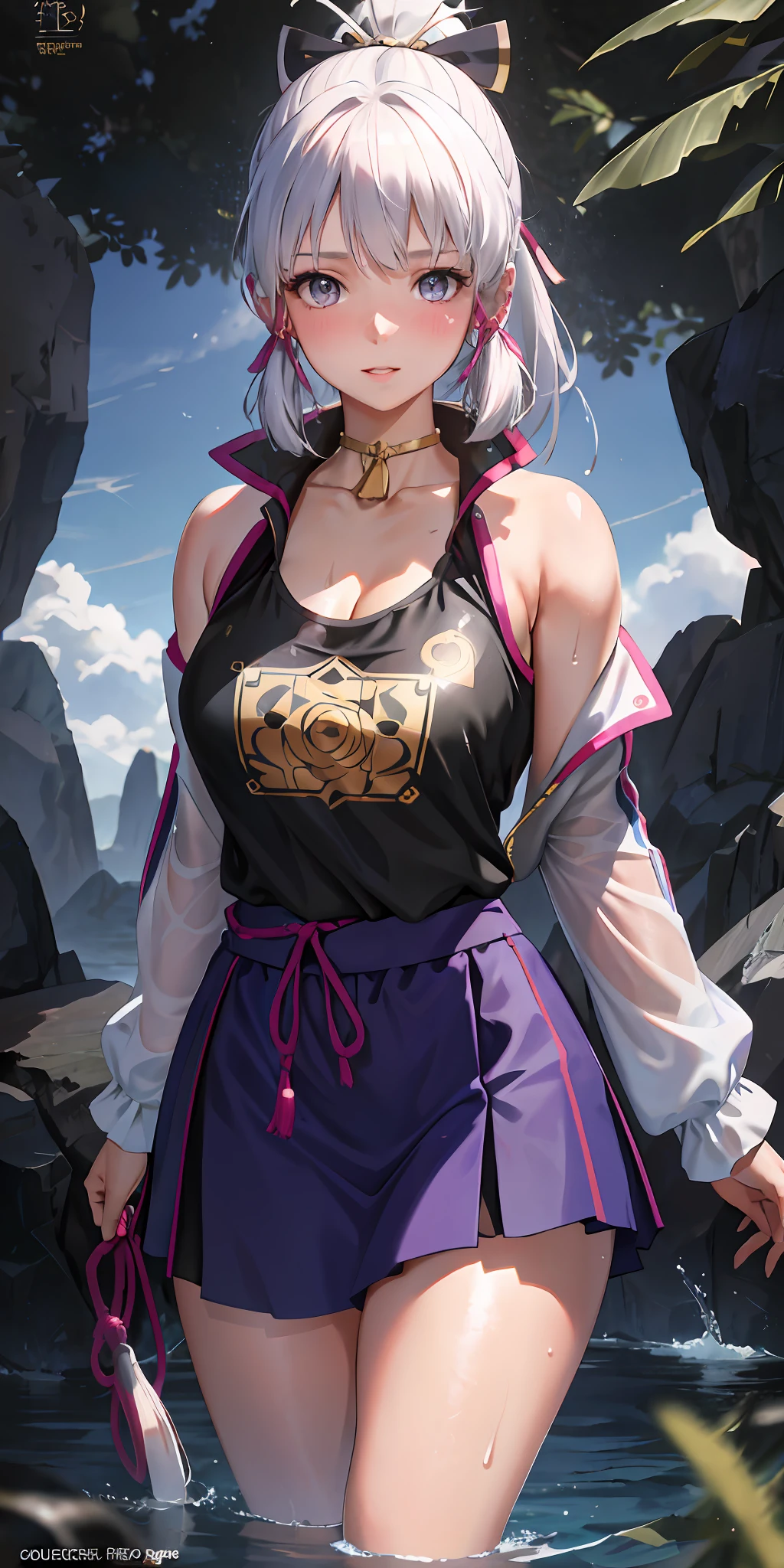 realistic, 1girl, ponytail, parted lips, blush, makeup, light smile, white hair, sportswear, skirt, wet clothes, glow, thighs, purple eye, bare shoulders, collarbone, narrow waist, sunbeam, sunlight, rose, wind, cleavage, (masterpiece), sweat,