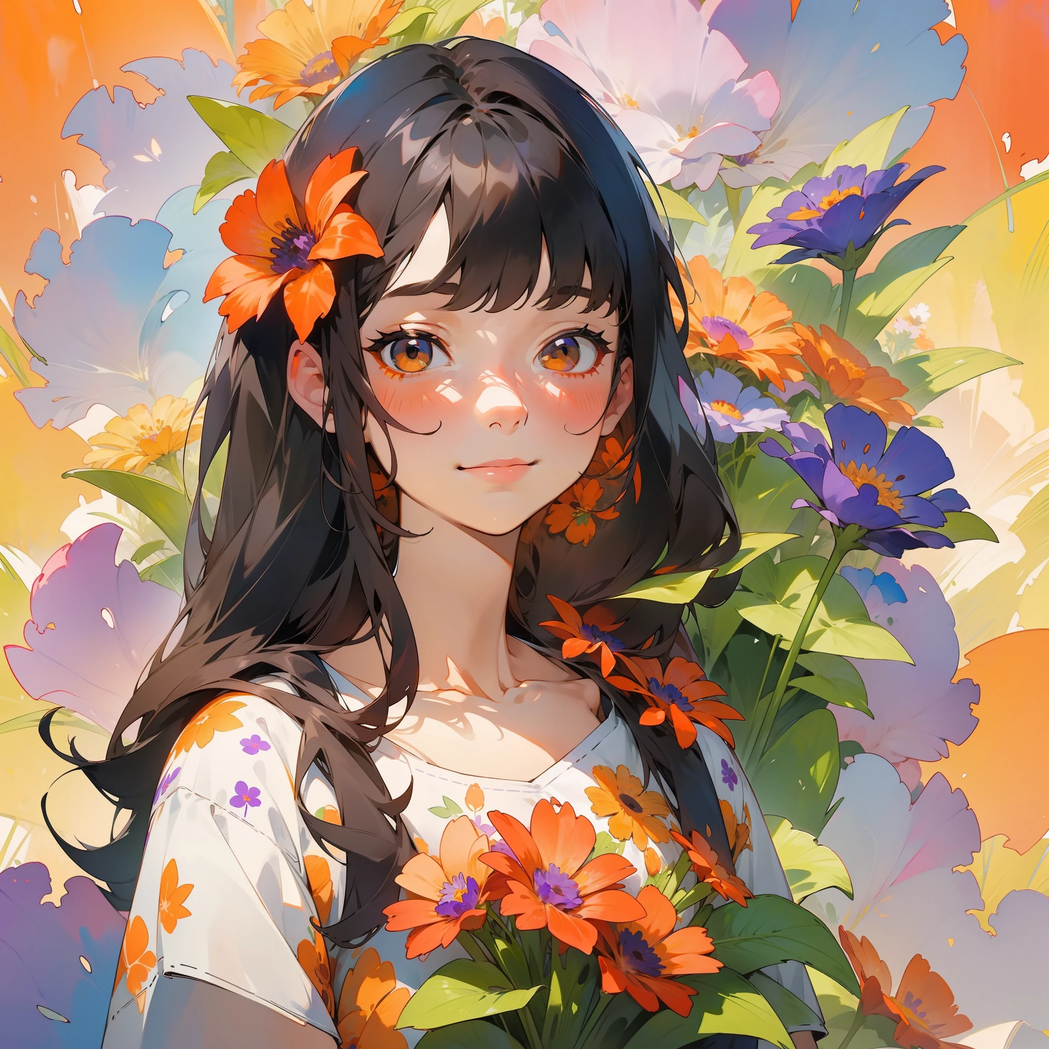 watercolor, 1girl, solo, flower, long hair, smile, shirt, looking at viewer, short sleeves, red flower, floral print, black hair, purple flower, yellow flower, white shirt, orange flower, bangs, upper body, plant, blue flower, leaf, closed mouth, traditional media, brown hair