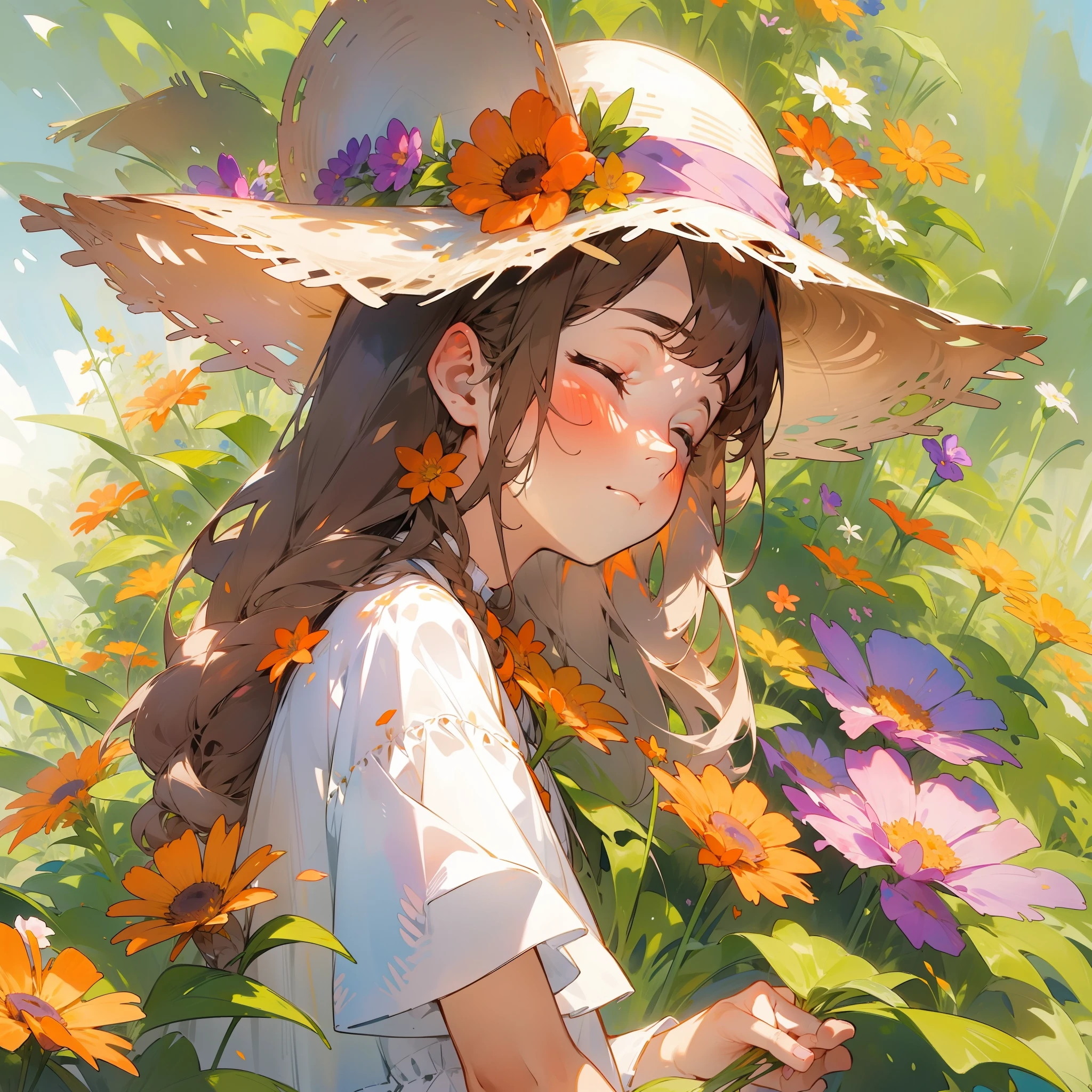 watercolor, 1girl, solo, flower, dress, hat, long hair, white dress, closed eyes, holding, brown hair, white background, orange flower, short sleeves, yellow flower, sun hat, braid, profile, holding flower, from side, standing, plant, blush, simple background, purple flower, closed mouth, pink flower, straw hat