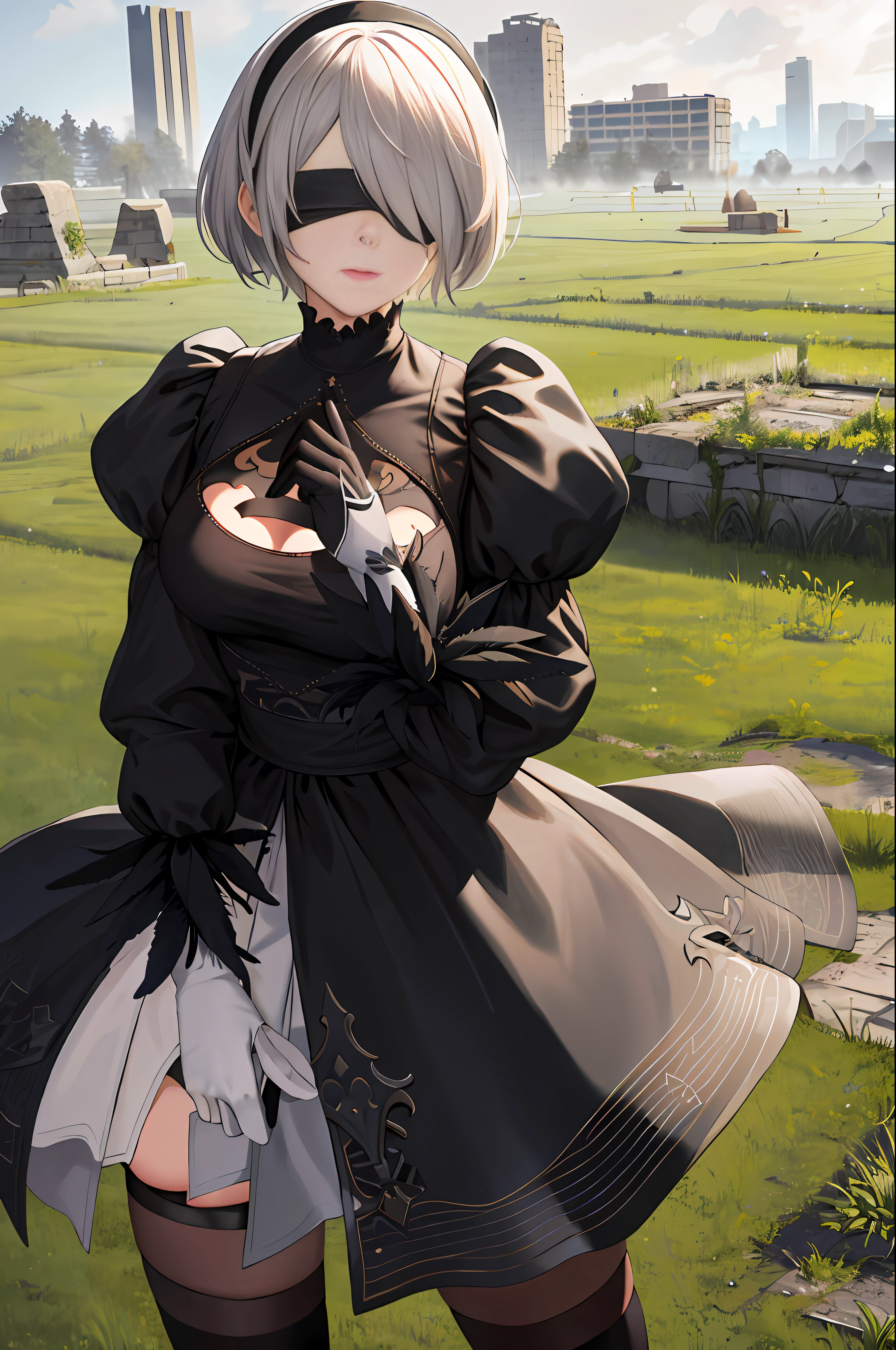 masterpiece, best quality, highres, hm2b, black blindfold, covered eyes, mole under mouth, clothing cutout, long sleeves, puffy sleeves,  juliet sleeves, feather trim, black thighhighs, black gloves, black dress, black skirt, outdoor, grass, building, ruins, field, standing, cowboy shot,