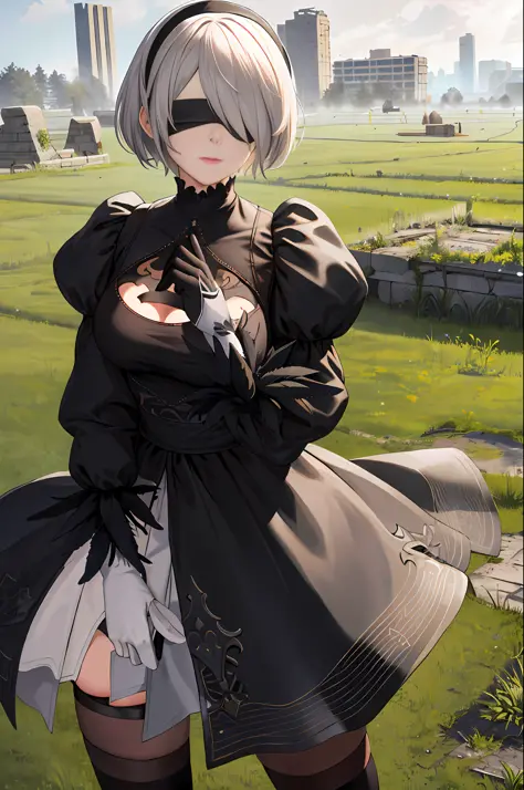 masterpiece, best quality, highres, hm2b, black blindfold, covered eyes, mole under mouth, clothing cutout, long sleeves, puffy ...