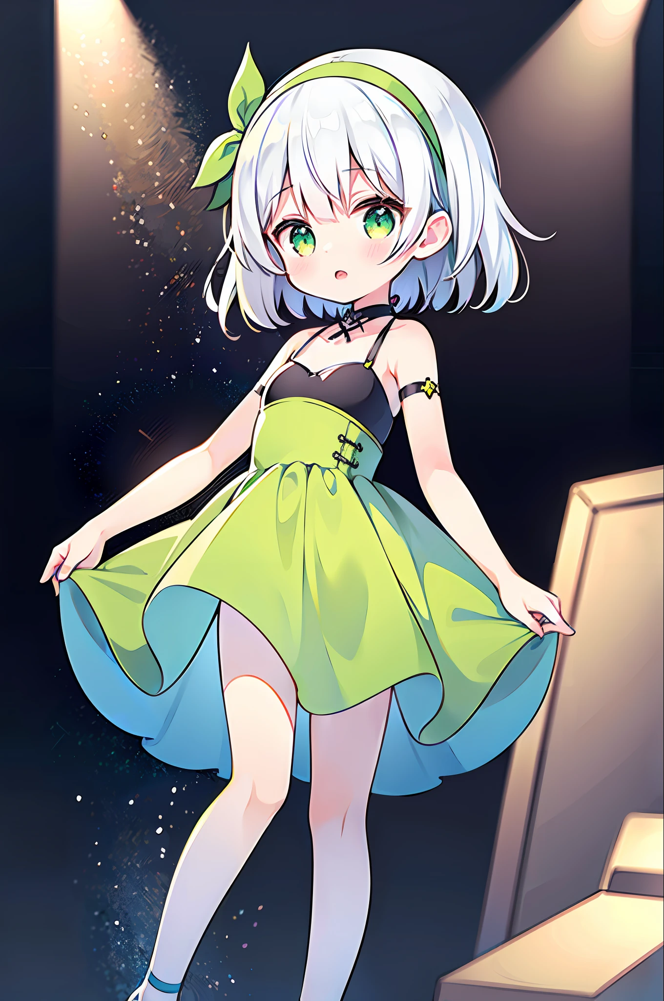 Top quality, super high resolution, one girl, with (short hair, blonde hair, light green eyes), toddler figure, (white hair band), idol clothes, microphone