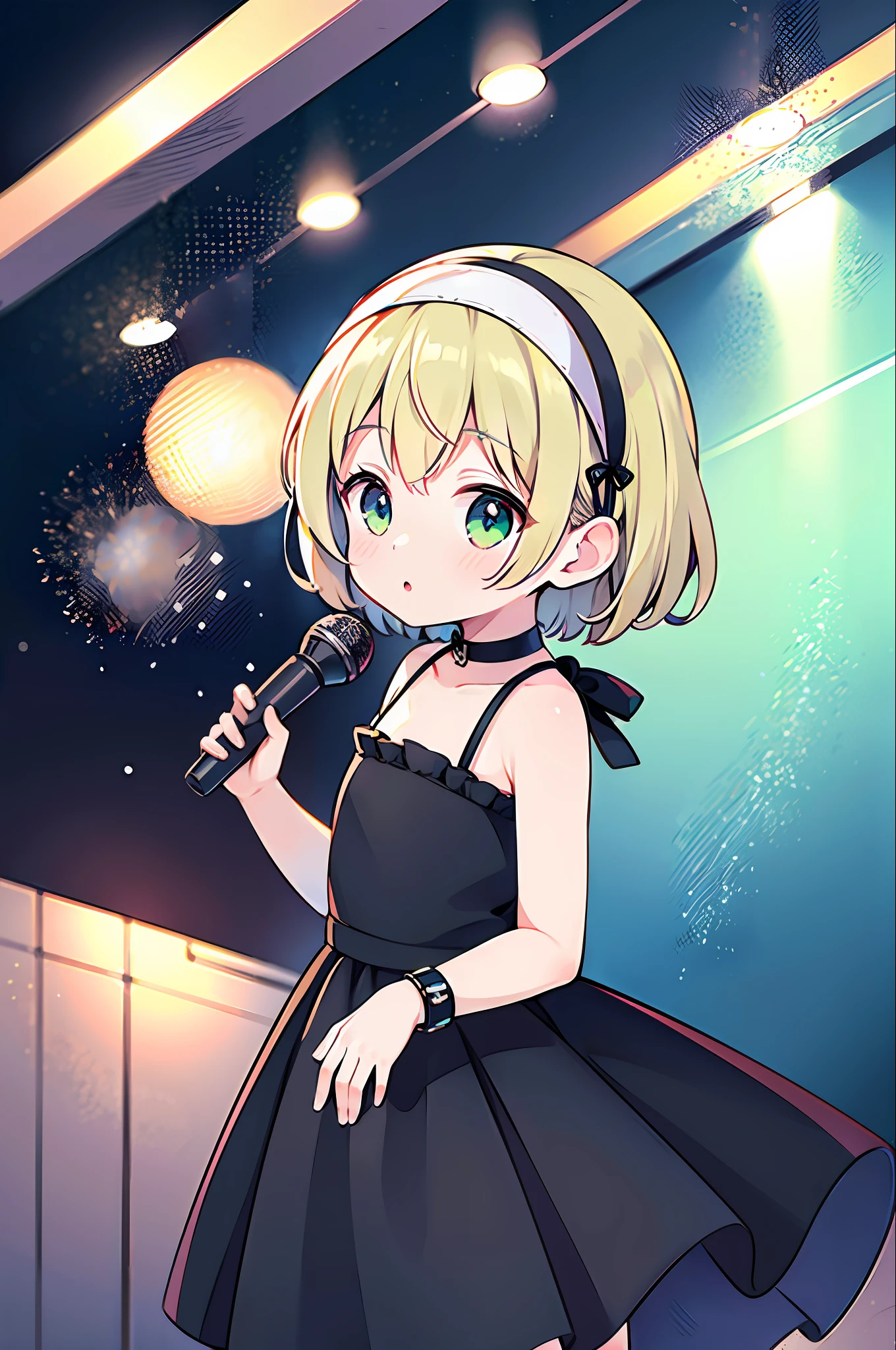 Top quality, super high resolution, one girl, with (short hair, blonde hair, light green eyes), toddler figure, (white hair band), idol clothes, microphone