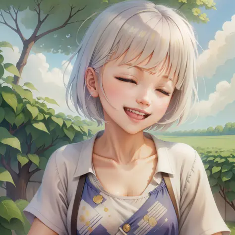 watercolor, 1girl, solo, smile, closed eyes, sky, open mouth, cloud, blue sky, white hair, blush, shirt, bangs, day, outdoors, w...