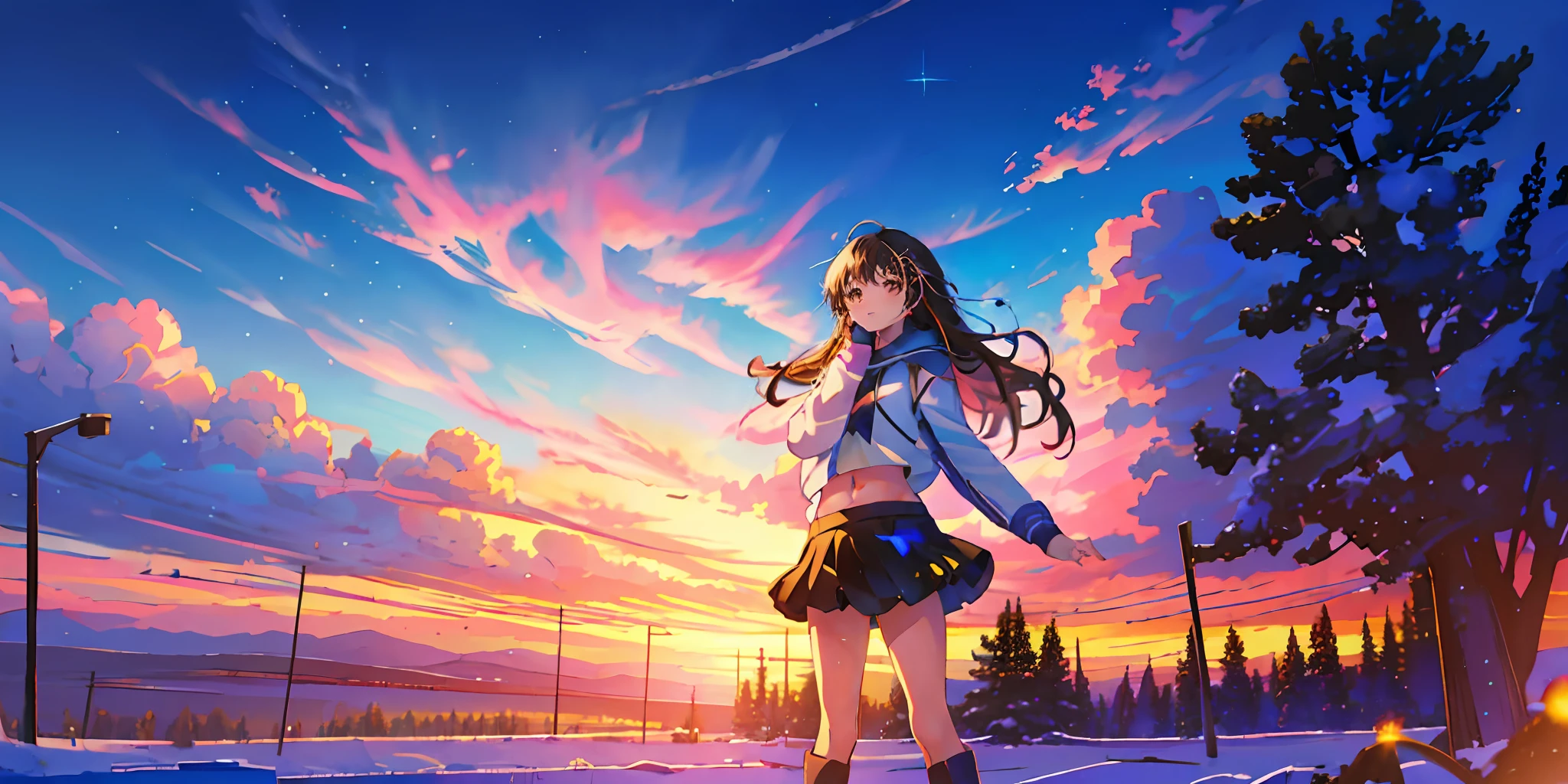 girl standing on snowy field with the sky in the background， (((masterpiece: 1.5, best quality, high resolution: 1.3, super resolution, super detailed, ultra detailed:1.3, rich background:1.2))), ((far away)),((shiina mahiru, yellow eyes, floating hair, very long hair, blunt bangs, cute hairpin, crop top, oversized jacket, navel, miniskirt)), Cosmos Sky,, beautiful anime scene, Makoto Shinkai Cyril Rolando, anime art wallpaper 4k, anime art wallpaper 4k, anime sky, anime beautiful peaceful field, High resolution, pink sky, beautiful scene), (universe, train passing, magic realism, ((makoto shinkai style)) ::0.8), [art atmosphere, atmosphere:0.8, starry sky, hills, snow mountain , sparkling water, grass, trees, smoke, stars, low angle of view, specular light scattering, detail enhancement