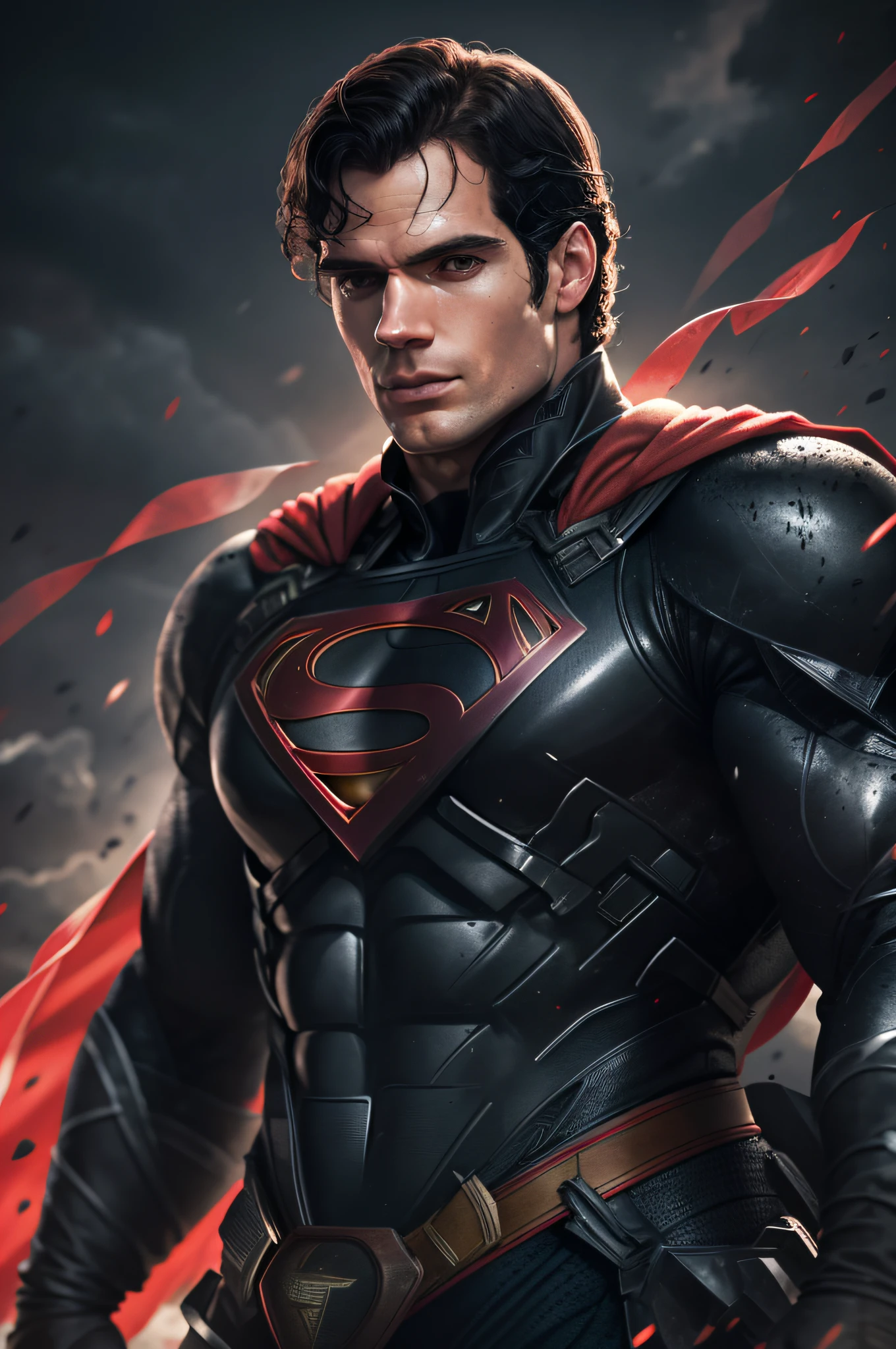 Henry Cavill as Superman, 40s year old, all black and red details suit, red cape, strain of hair covering forehead, short cut hair, tidy hair, tall, manly, hunk body, muscular, straight face, black medium hair, best quality, high resolution:1.2, masterpiece, raw photo, dark background, detailed suit, detailed face, upper body shot