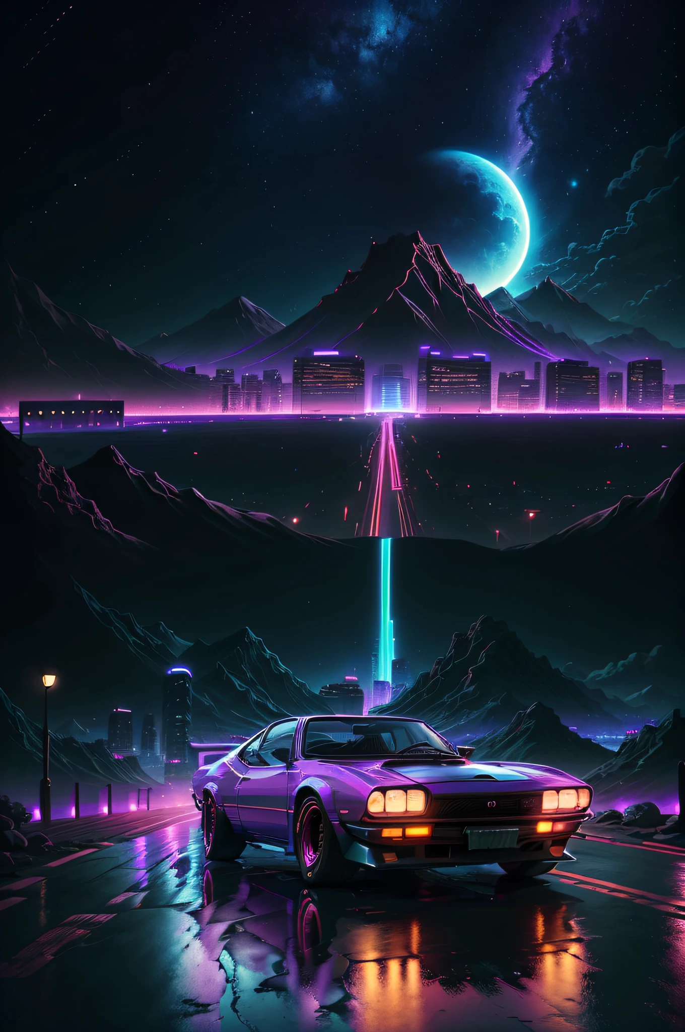 retrowave. city, 1969 Nissan S30, wide body kit, road,  purple neon lights, sun, mountain, 
(masterpiece,detailed,highres),