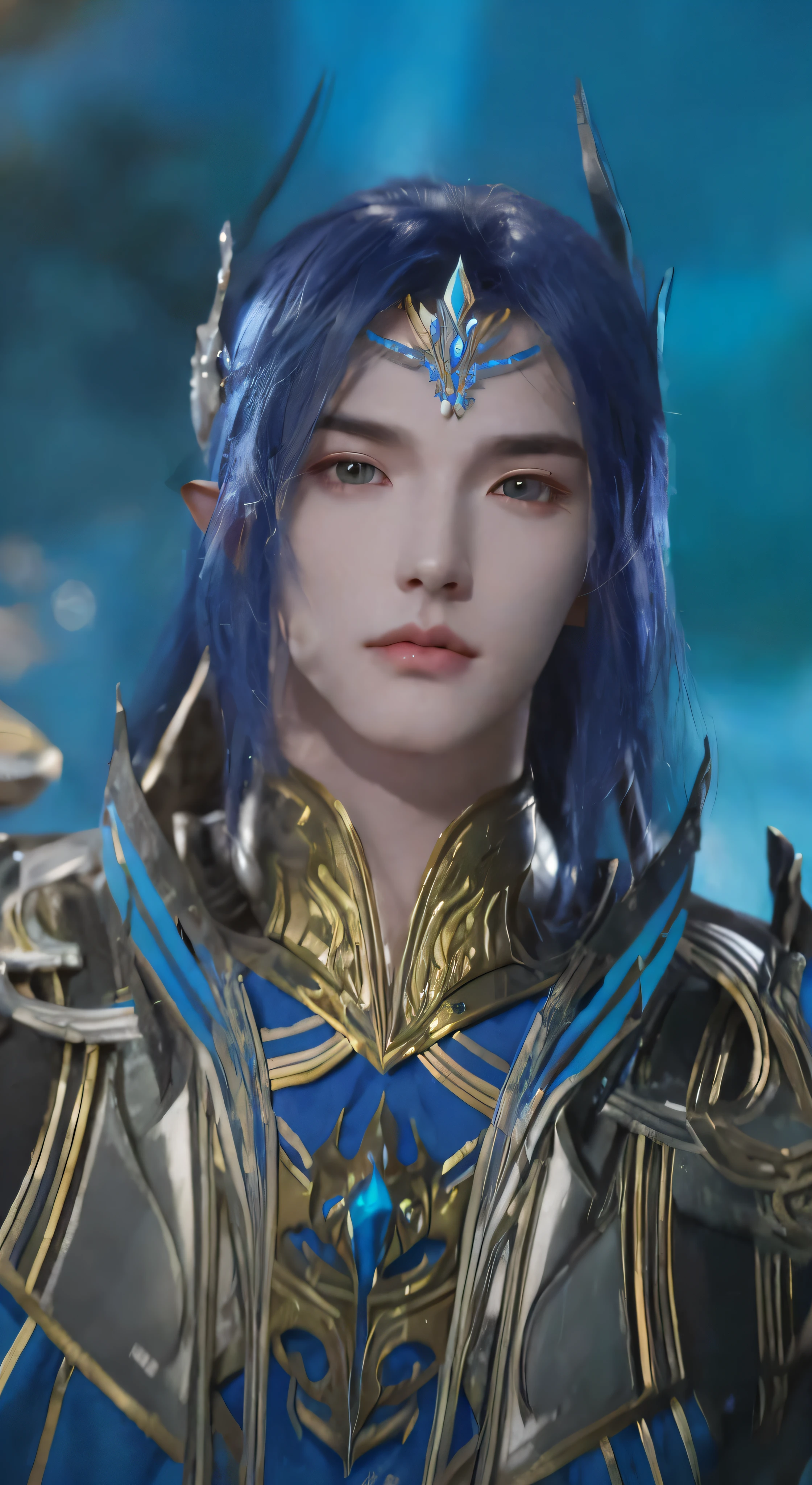 a close up of a person with blue hair and a blue dress, unreal engine render saint seiya, beautiful androgynous prince, zhao yun, lineage 2 revolution style, delicate androgynous prince, beautiful male elf, xianxia hero, elven male, armor focus on face, heise jinyao, portrait of dragoon