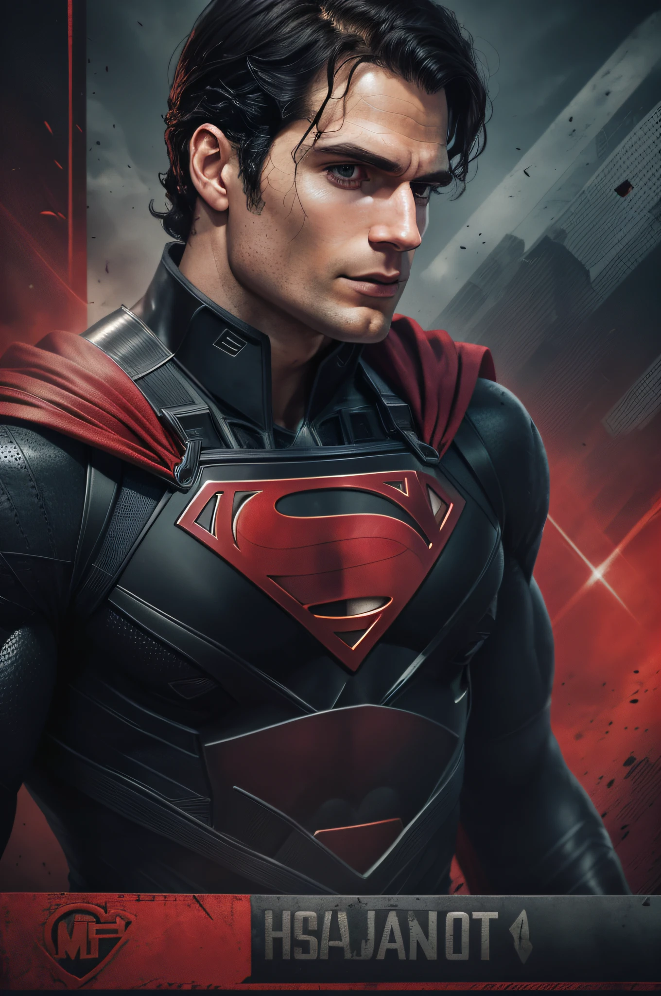 Henry Cavill as Superman, 40s year old, all black and red details suit, big S symbol on the chest, red cape, strain of hair covering forehead, short cut hair, tidy hair, tall, manly, hunk body, muscular, straight face, black hair, best quality, high resolution:1.2, masterpiece, raw photo, dark background, detailed suit, detailed face, upper body shot