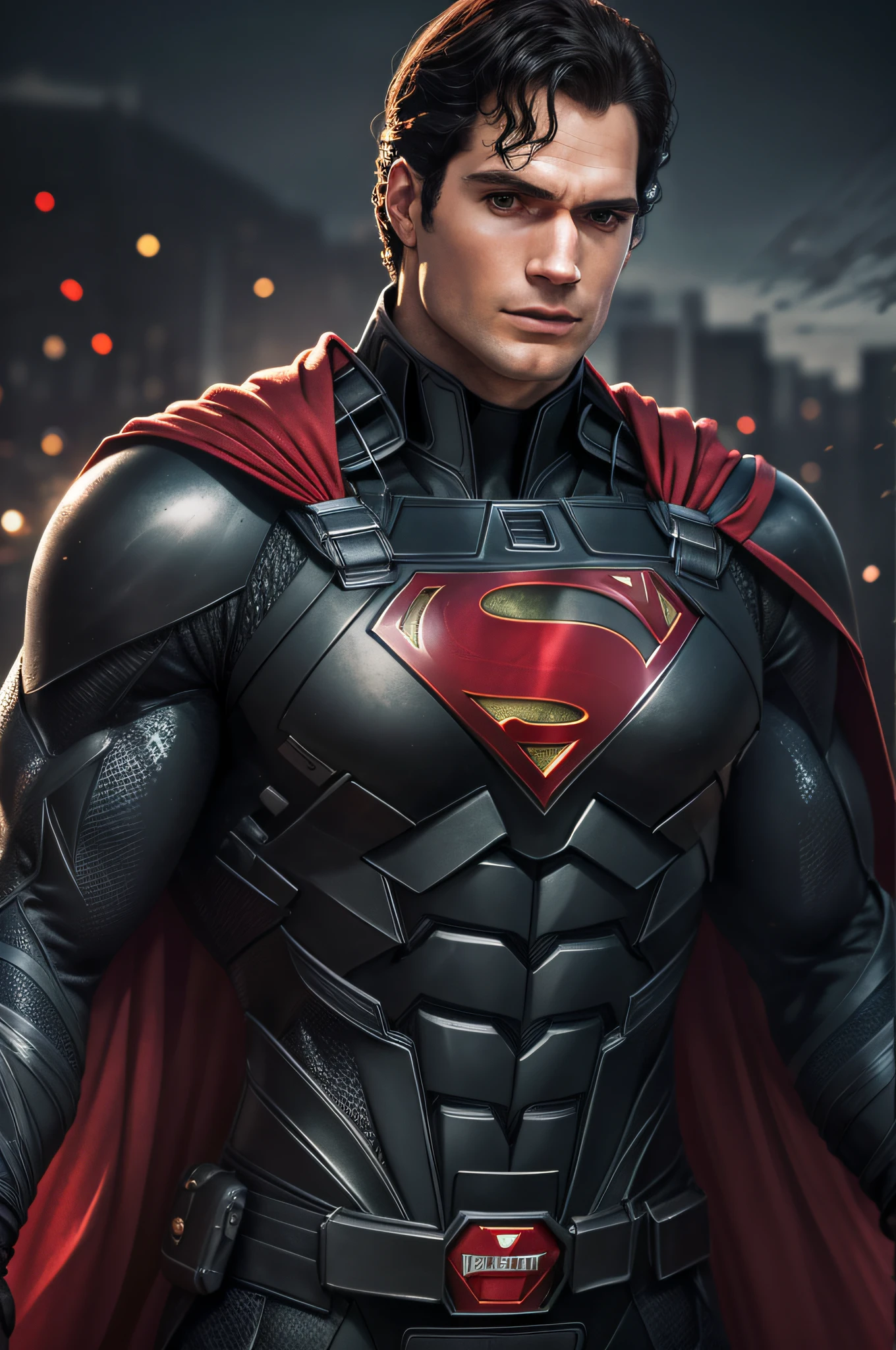Henry Cavill as Superman, 40s year old, all black and red details suit, big S symbol on the chest, red cape, strain of hair covering forehead, short cut hair, tidy hair, tall, manly, hunk body, muscular, straight face, black hair, best quality, high resolution:1.2, masterpiece, raw photo, dark background, detailed suit, detailed face, upper body shot