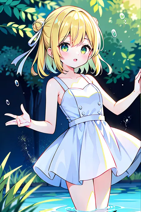 Top quality, super high resolution, single girl, toddler figure (short hair, blonde hair, light green eyes splashing outside), w...