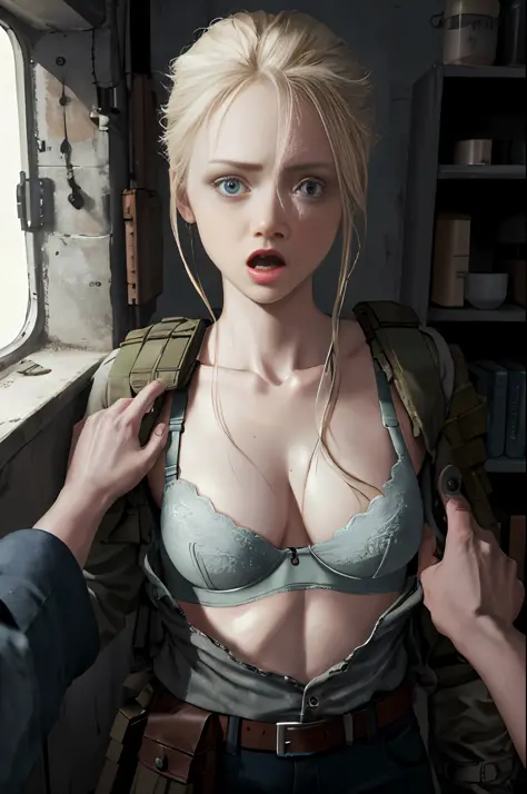 real photo, dystopians style, 1girl, scared Finnish blonde, 25 years, perfect body, troops, war, apocalypse, pov, pov hands, assisted exposure, pulled by another, lifted by another, undressing another, grabbing, pulling, clothes pull, bra pull, shirt pull,...