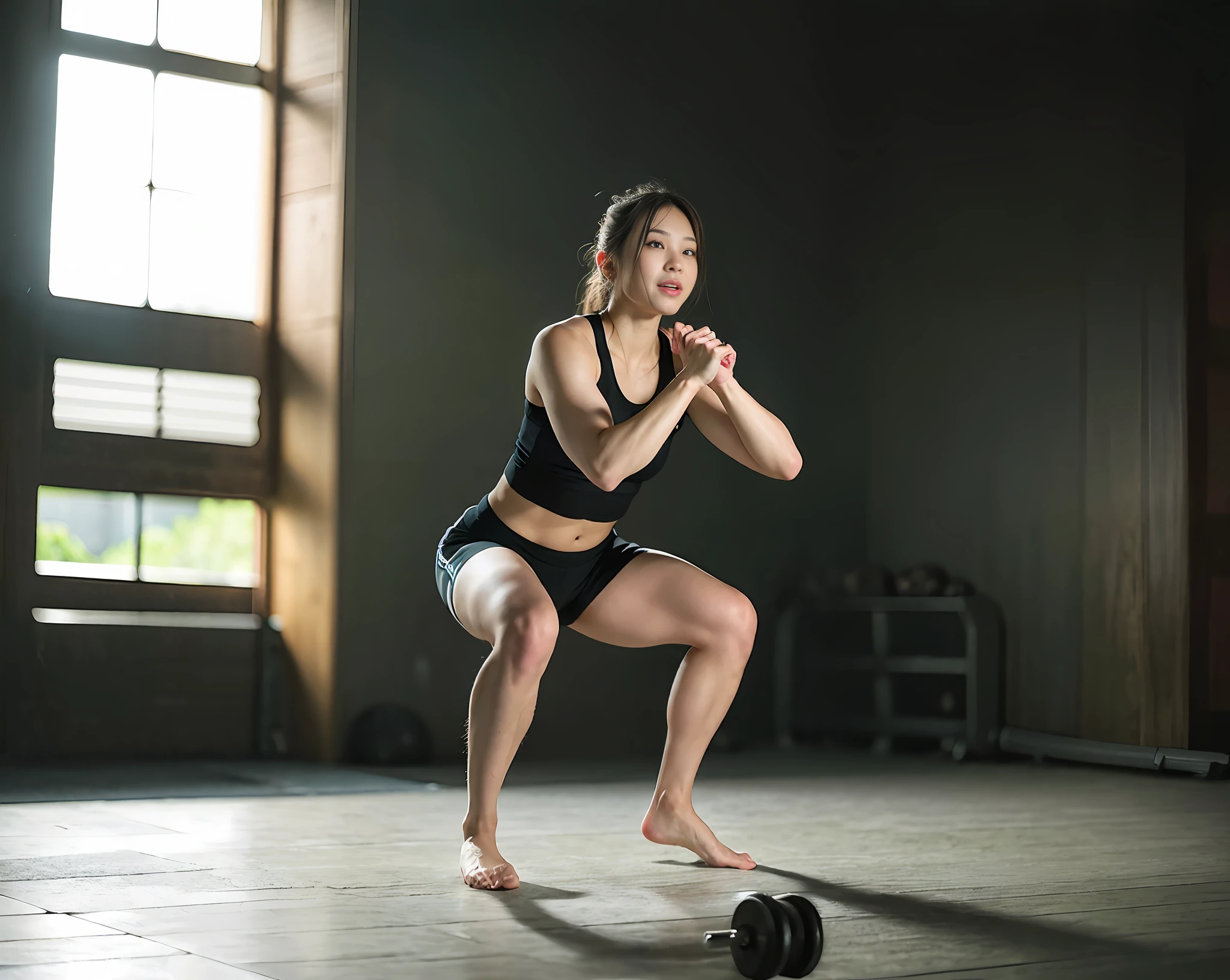 Arafed woman squatting in a gym with a dumbble - SeaArt AI