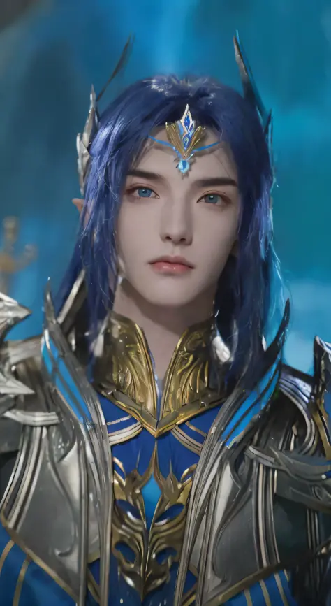 Blue-haired and blue-dressed character close-up, Unreal Engine renders Saint Seiya, Beautiful Androgynous Prince, Zhao Yun, Bloo...