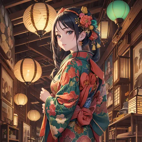 (Masterpiece), ((Best Quality)),(Official Art),Beautiful and Beautiful:1.3),(Dress),(1 Girl:1.3),Behind a colorful two-tone haired woman there are countless lanterns shining pale orange,Seating,Very fantastic,Woman in red kimono with detailed design,Detail...