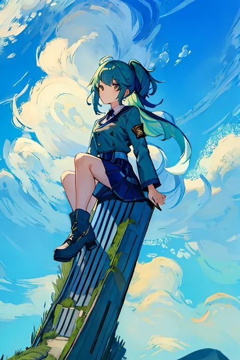 vg,the girl sitting on the black twisted tower in the distance,blue hair,green hair,very wide shot,school uniform,blue sky,1sun,...