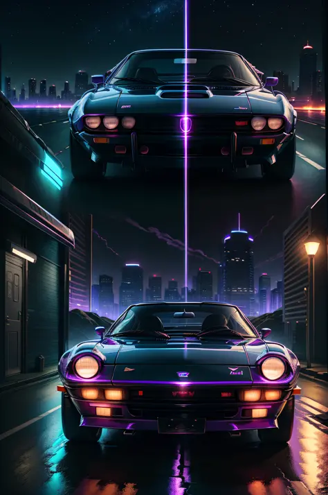 Reverse wave. City, 1969 Nissan S30, wide-body kit, road, purple neon, sun, close-up
(masterpiece, detailed, high resolution),