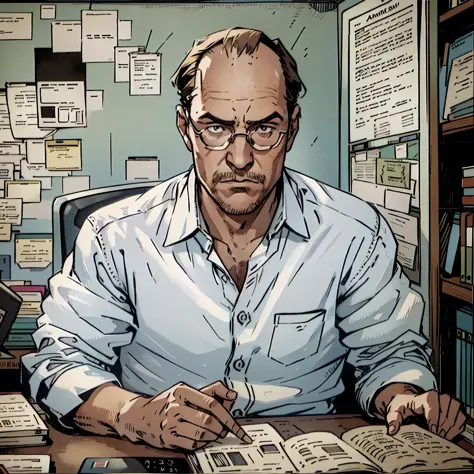 Scene in the office of the school director: A balding middle-aged man in a white shirt reads a book on his desk and a computer in the office --auto --s2