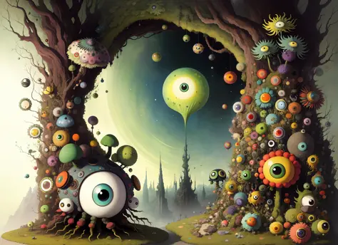 Big Eyes gonzobugs moss monster with pointy ears, big eyes, colorful mushroom cluster clinging from its back, in the style of cy...