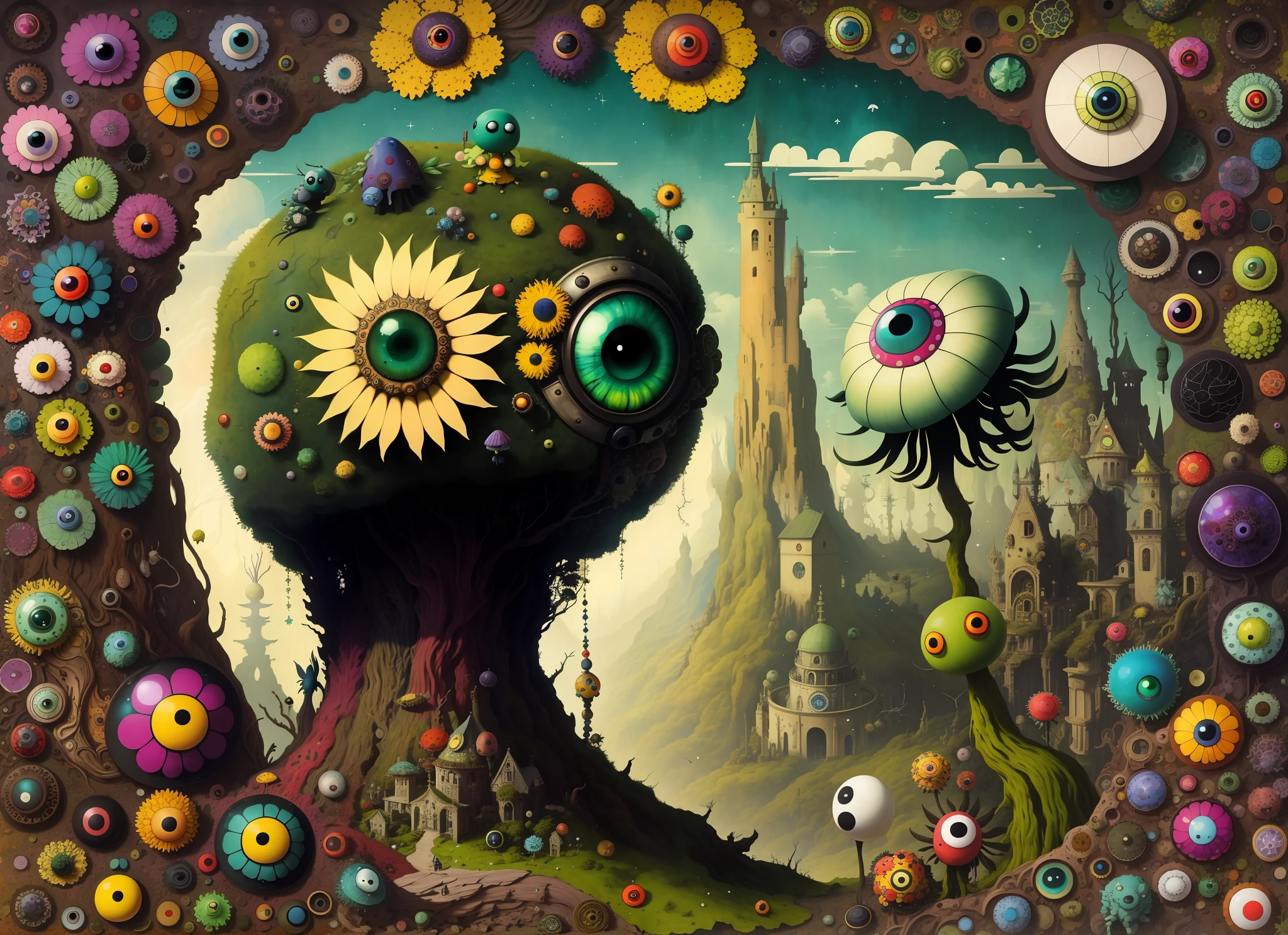 Big Eyes gonzobugs moss monster with pointy ears, big eyes, colorful mushroom cluster clinging from its back, in the style of cybermysticsteampunk, dark emerald and brown, use of bright colors, naturalist aesthetic, swirling vortexes, tranquil gardenscapes, agate geode dandelion clowncore, war-torn post apocalyptic wonderland, fauvism , Caspar David Friedrich , Takashi Murakami , Diane Dillon , album cover art, perfect, smooth, pixiv, cgsociety,