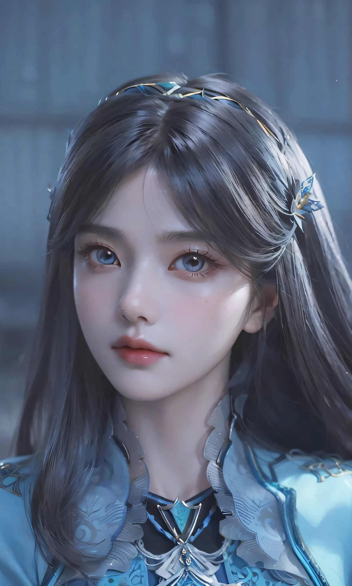 a close up of a woman with long hair wearing a blue dress, smooth anime cg art, inspired by Li Mei-shu, beautiful character painting, game cg, inspired by Leng Mei, 3 d anime realistic, 2. 5 d cgi anime fantasy artwork, intricate ornate anime cgi style, close up character, stunning anime face portrait, high detailed face anime