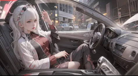 There is a beautiful white-haired girl getting out of the car, long hair fluttering, black car, attending a dinner party, flash,...