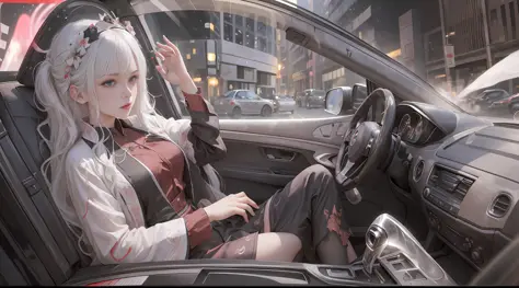 there is a beautiful white-haired girl getting out of the car, long hair fluttering, black car, attending a dinner party, flash,...