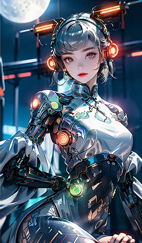 1 girl, Chinese_clothes, liquid silver and orange, cyberhan, cheongsam, cyberpunk city, dynamic pose, detailed luminous headphon...