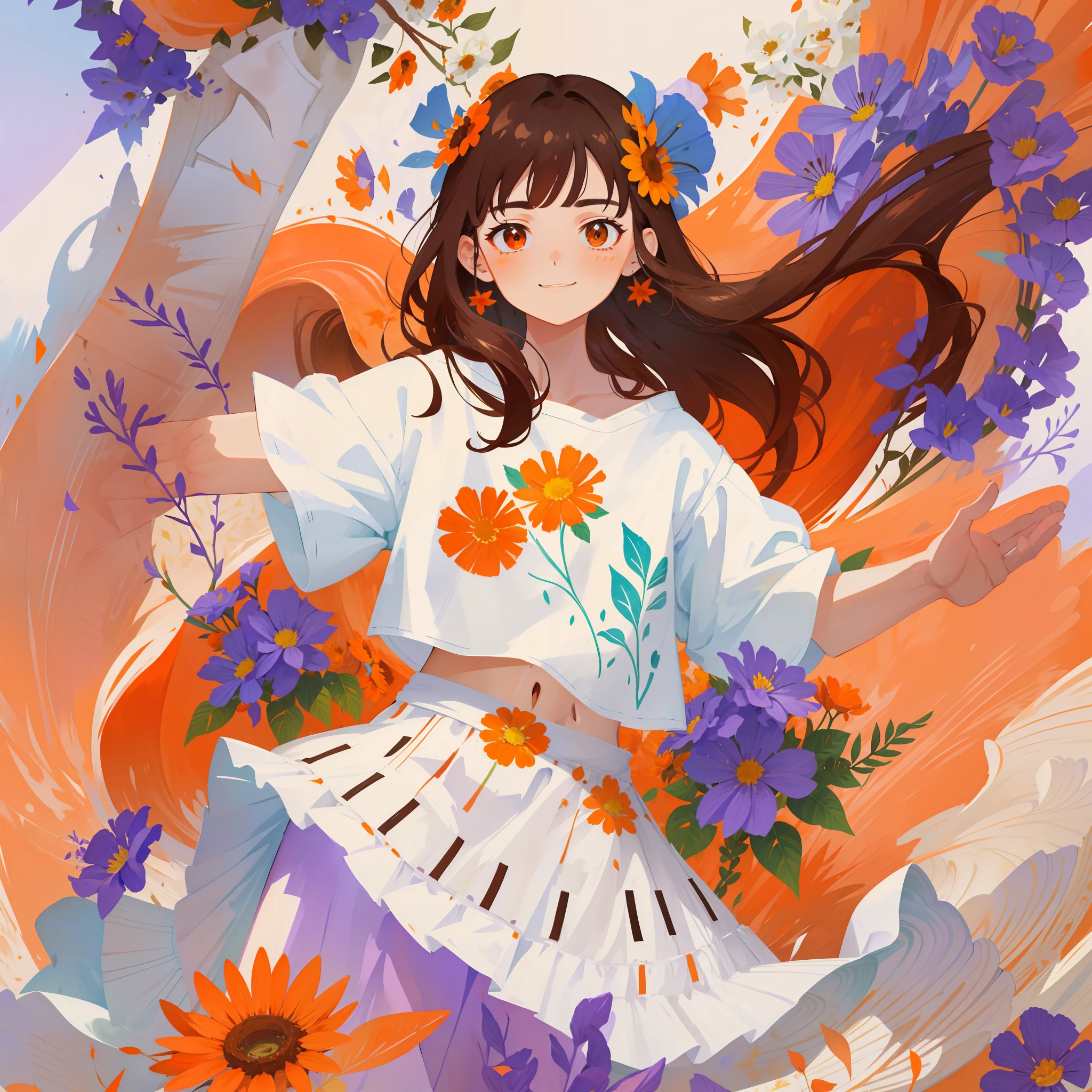 Minimalist illustration, watercolor, 1girl, solo, flower, long hair, smile, shirt, looking at viewer, short sleeves, red flower, floral print, black hair, purple flower, yellow flower, white shirt, orange flower, bangs, upper body, plant, blue flower, leaf, closed mouth, traditional media, brown hair