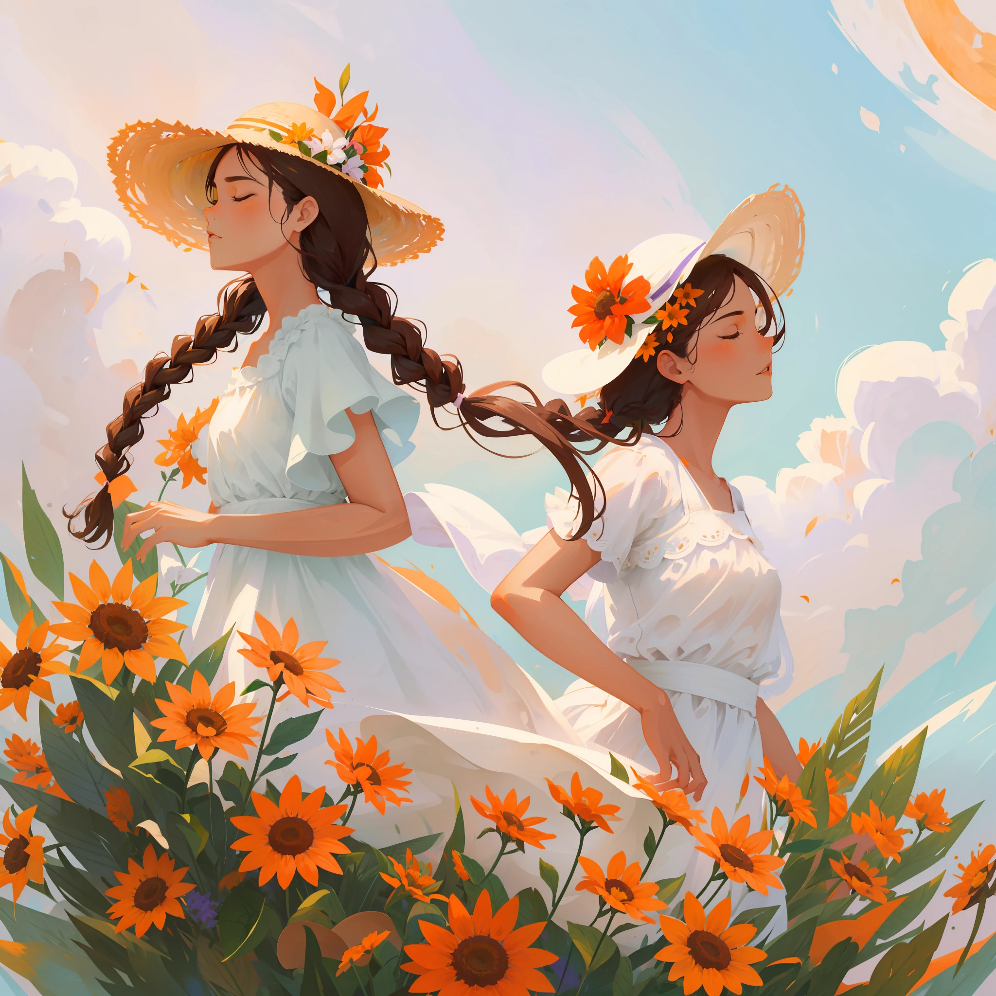 Minimalist illustration, 1girl, solo, flower, dress, hat, long hair, white dress, closed eyes, holding, brown hair, white background, orange flower, short sleeves, yellow flower, sun hat, braid, profile, holding flower, from side, standing, plant, blush, simple background, purple flower, closed mouth, pink flower, straw hat