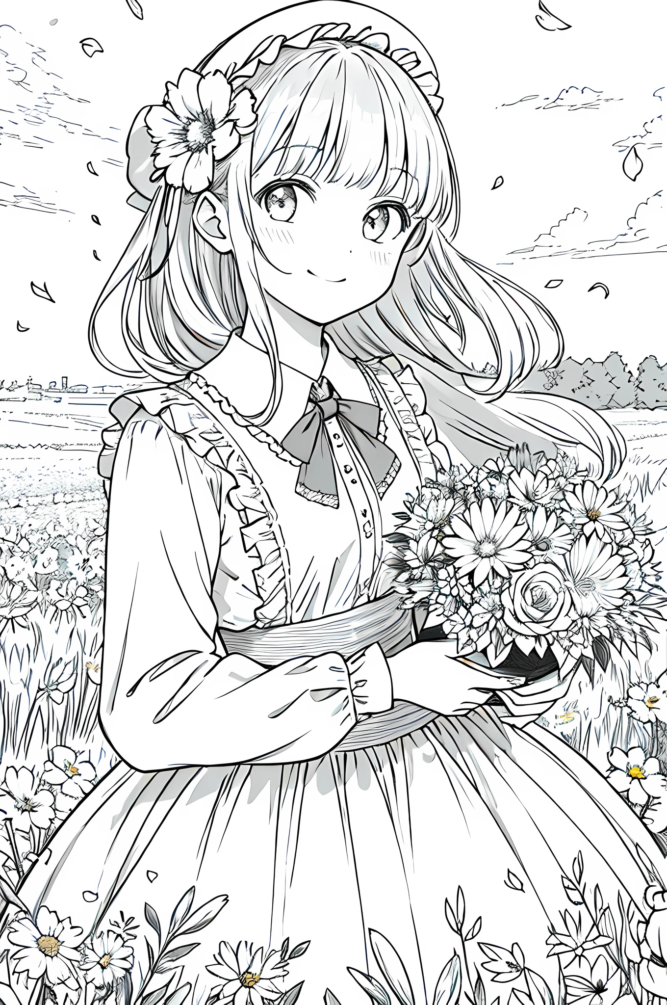 masterpiece, best quality, 1girl, solo, long_hair, looking_at_viewer, smile, bangs, skirt, shirt, long_sleeves, hat, dress, bow, holding, closed_mouth, flower, frills, hair_flower, petals, bouquet, holding_flower, center_frills, bonnet, holding_bouquet, flower field, flower field, lineart, monochrome,