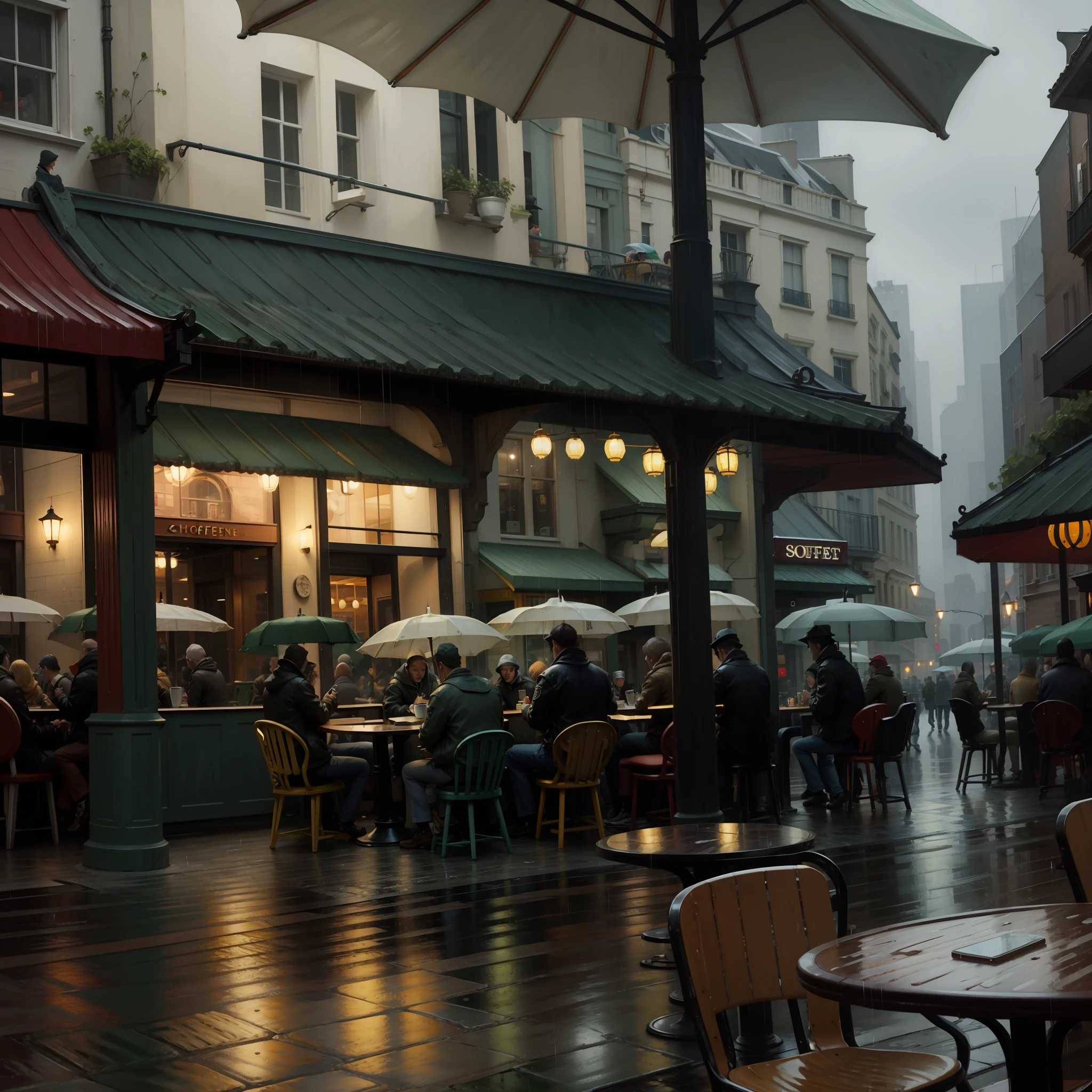vg,mesas e cadeiras e pessoas em uma cafeteria em uma rua da cidade,chuva,detalhes,carros