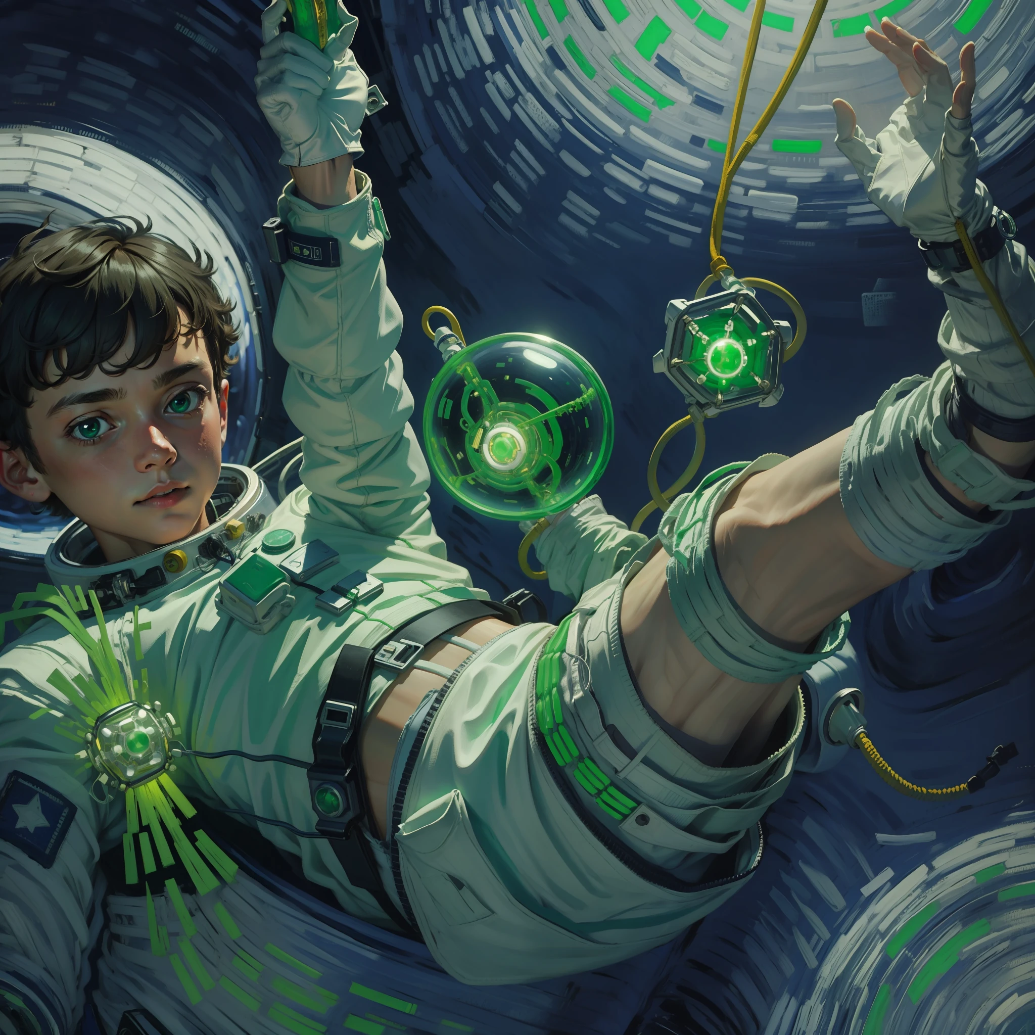 vg,details,a boy in an astronaut suit floating in space, waist tied with a safety rope, holding a green glowing star,white gloves