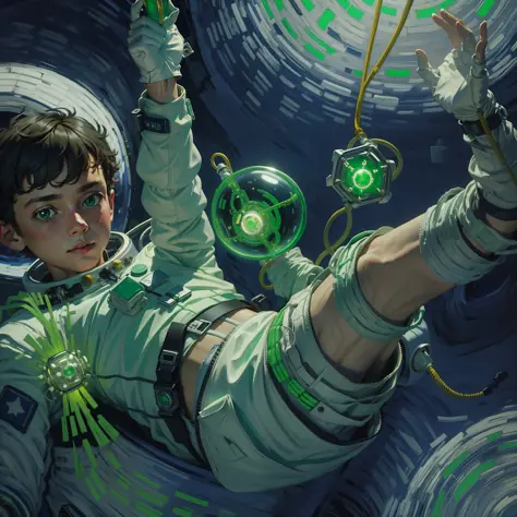 vg,details,a boy in an astronaut suit floating in space, waist tied with a safety rope, holding a green glowing star,white glove...