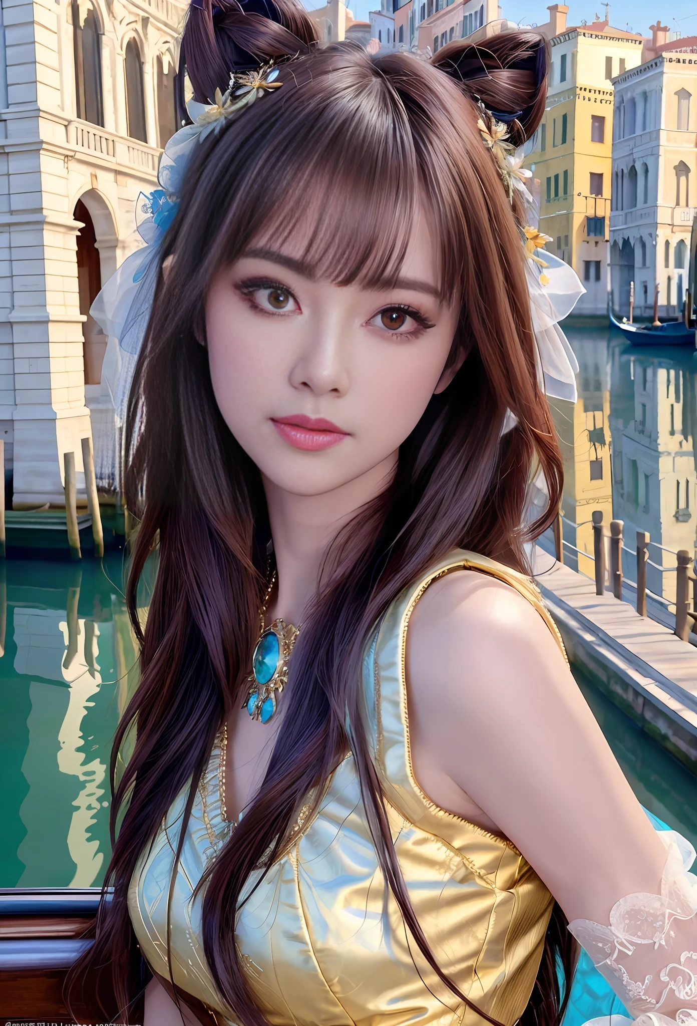 modelshoot style, (extremely detailed CG unity 8k wallpaper), full shot body photo of the most beautiful artwork in the world, stunningly beautiful photo realistic cute women, a hyper realistic ultra detailed photograph of a beautiful girl as a female 2020s dancer on the boat of 2020s Venice,(Bridge Of Sighs background),(princess eyes,shiny pupils), detailed symmetric beautiful hazel eyes, detailed gorgeous face,highly detailed, vibrant,professional majestic oil painting by Ed Blinkey, Atey Ghailan, Studio Ghibli, by Jeremy Mann, Greg Manchess, Antonio Moro, trending on ArtStation, trending on CGSociety, Intricate, High Detail, Sharp focus, dramatic, photorealistic painting art by midjourney and greg rutkowski