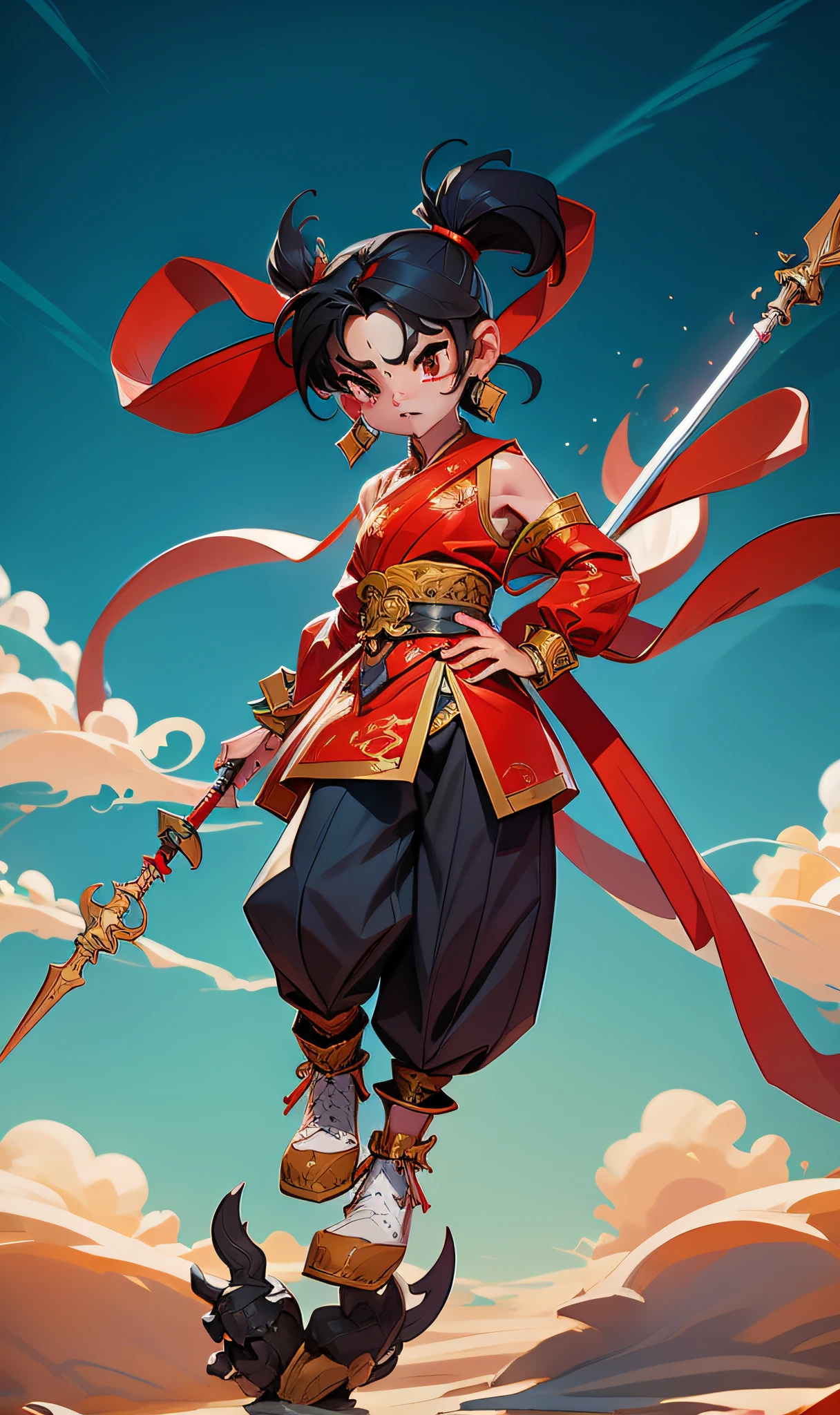 1girl, blood on face, angry, holding spear, (flying), chinese mythology,cloudy, detailed sky, abstract background, (flame_surge_style:0.5)