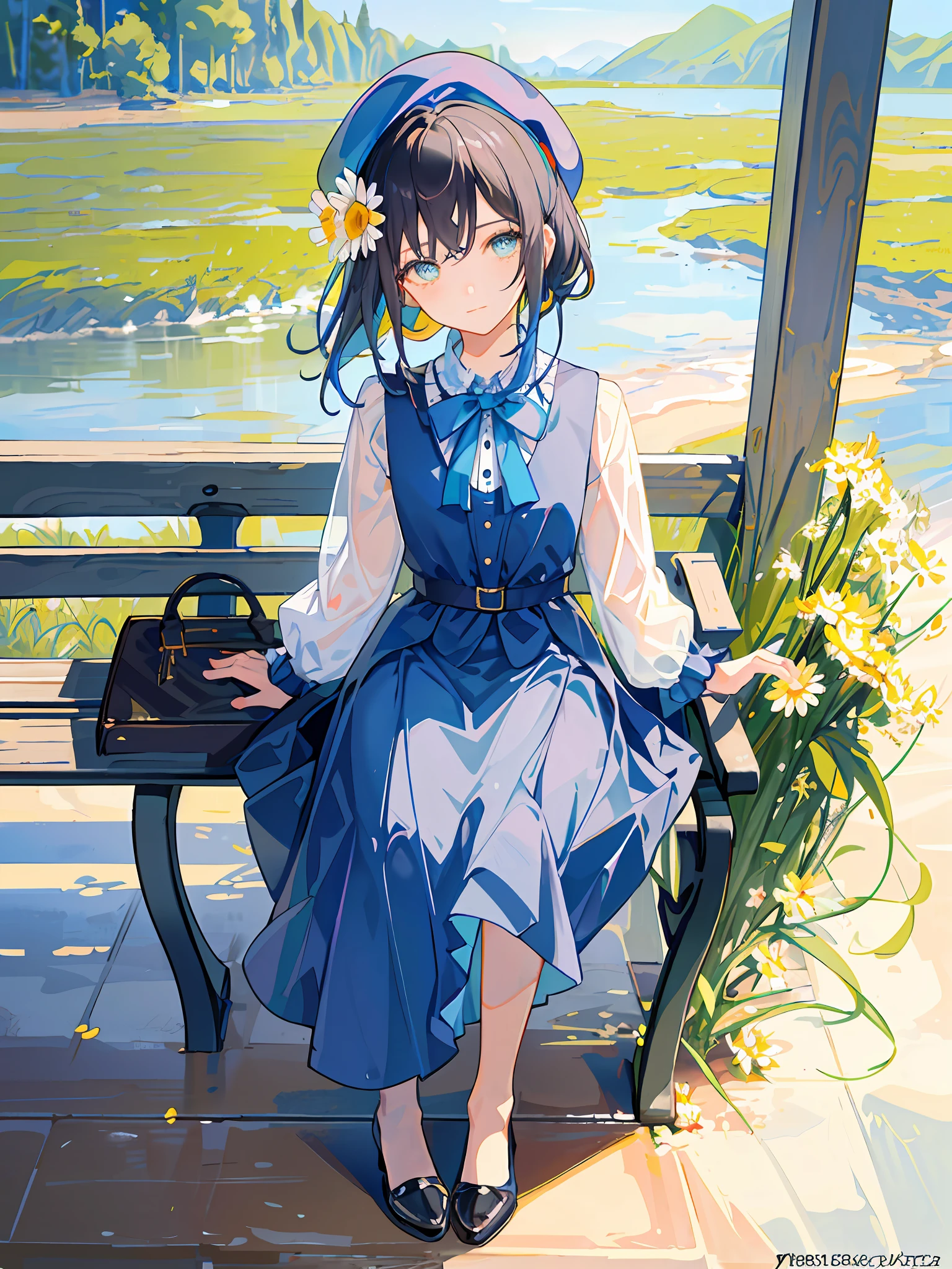 HD4k,masterpiece,best quality),HD4k,masterpiece,best quality),there is a woman sitting on a bench with a suitcase and flowers, colorful photo, magazine photo, with flowers, covered in flowers(daisy), fanart, innocent look. rich vivid colors, in blue and yellow clothes, colorful]”,vintage style,fringes hair, warm black hair,has a blue beret hat