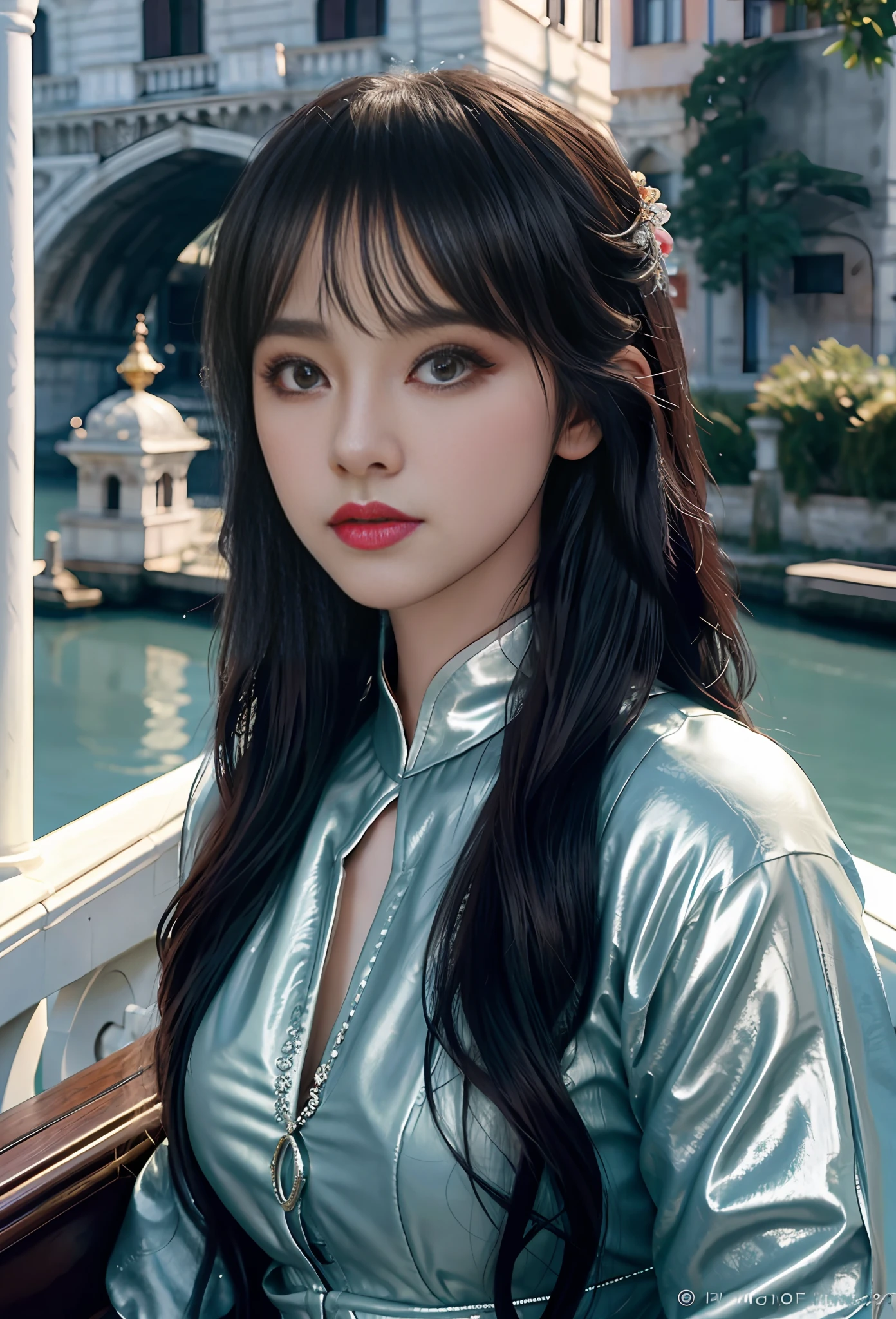 a hyper realistic ultra detailed photograph of a beautiful girl as a female 2020s dancer on the boat of 2020s Venice,(Bridge Of Sighs background),(princess eyes,shiny pupils), detailed symmetric beautiful hazel eyes, detailed gorgeous face, peaky blinders environemt, trending on cg society, bauhaus, bulgari, colourful atmosphere, official valentino editorial, moonlight, medium symmetry, neoprene, behance contest winner, portrait featured on unsplash, stylized digital art, smooth, ultra high definition, 8k, unreal engine 5, ultra sharp focus, award-winning photograph, Canon EOS 5D Mark IV DSLR, f/8, ISO 100, 1/250 second, TanvirTamim, trending on artstation, by artgerm, h. r. giger and beksinski, highly detailed, vibrant