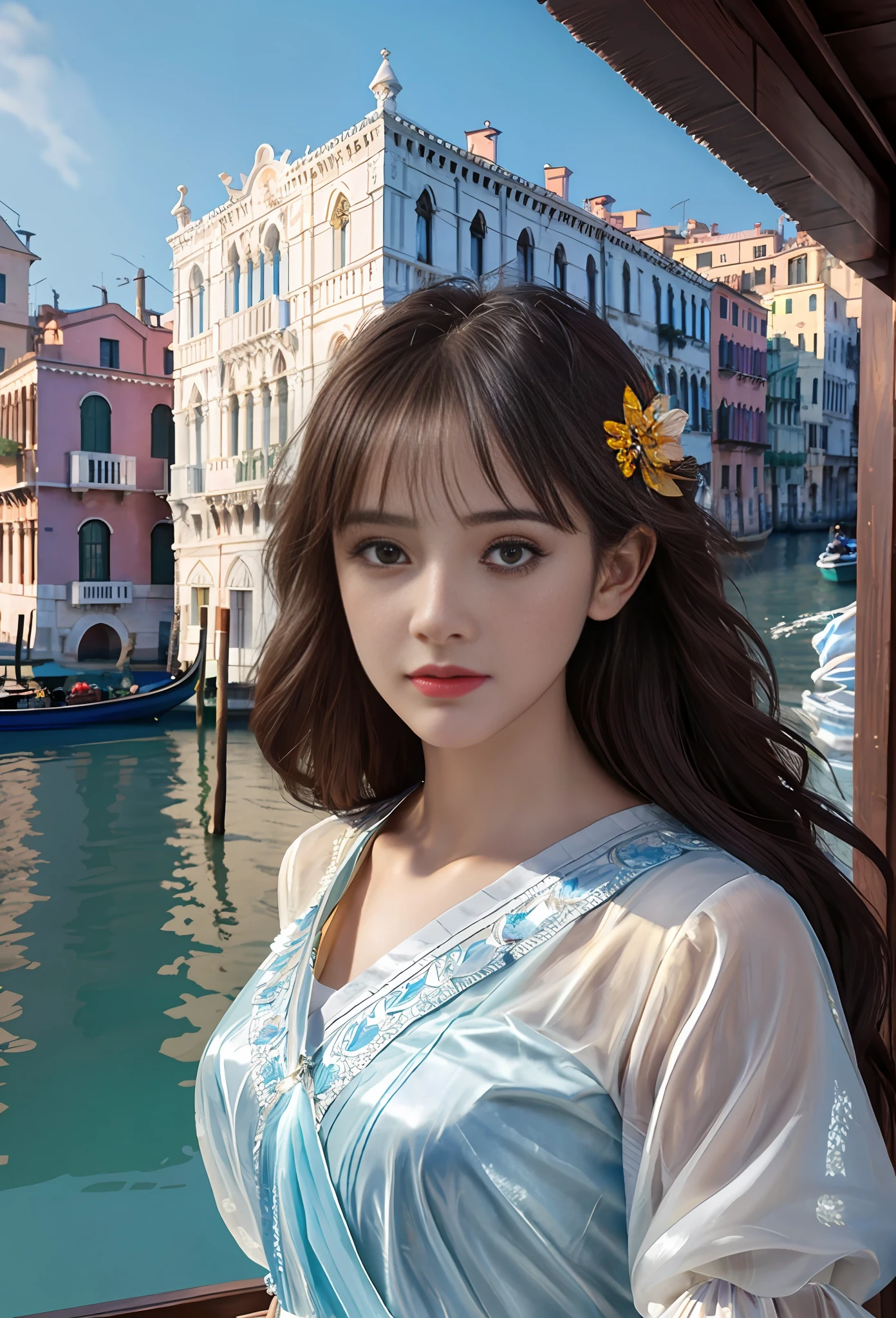 modelshoot style, (extremely detailed CG unity 8k wallpaper), full shot body photo of the most beautiful artwork in the world, stunningly beautiful photo realistic cute women, a hyper realistic ultra detailed photograph of a beautiful girl as a female 2020s dancer on the boat of 2020s Venice,(Bridge Of Sighs background),(princess eyes,shiny pupils), detailed symmetric beautiful hazel eyes, detailed gorgeous face,highly detailed, vibrant,professional majestic oil painting by Ed Blinkey, Atey Ghailan, Studio Ghibli, by Jeremy Mann, Greg Manchess, Antonio Moro, trending on ArtStation, trending on CGSociety, Intricate, High Detail, Sharp focus, dramatic, photorealistic painting art by midjourney and greg rutkowski